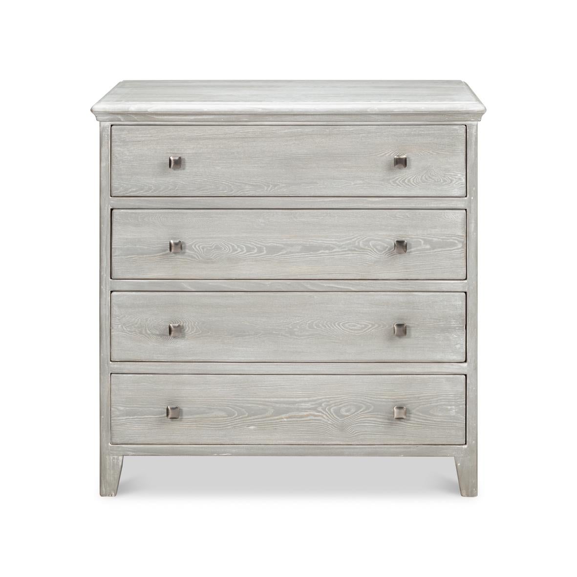 Strong, stately, and in the Grey Moonskin finish, the chest takes on a classic antique feeling. Perfectly sized for multiple applications in any home, use it as a pair in any room for extra storage. It features clean lines, four drawers, a unique