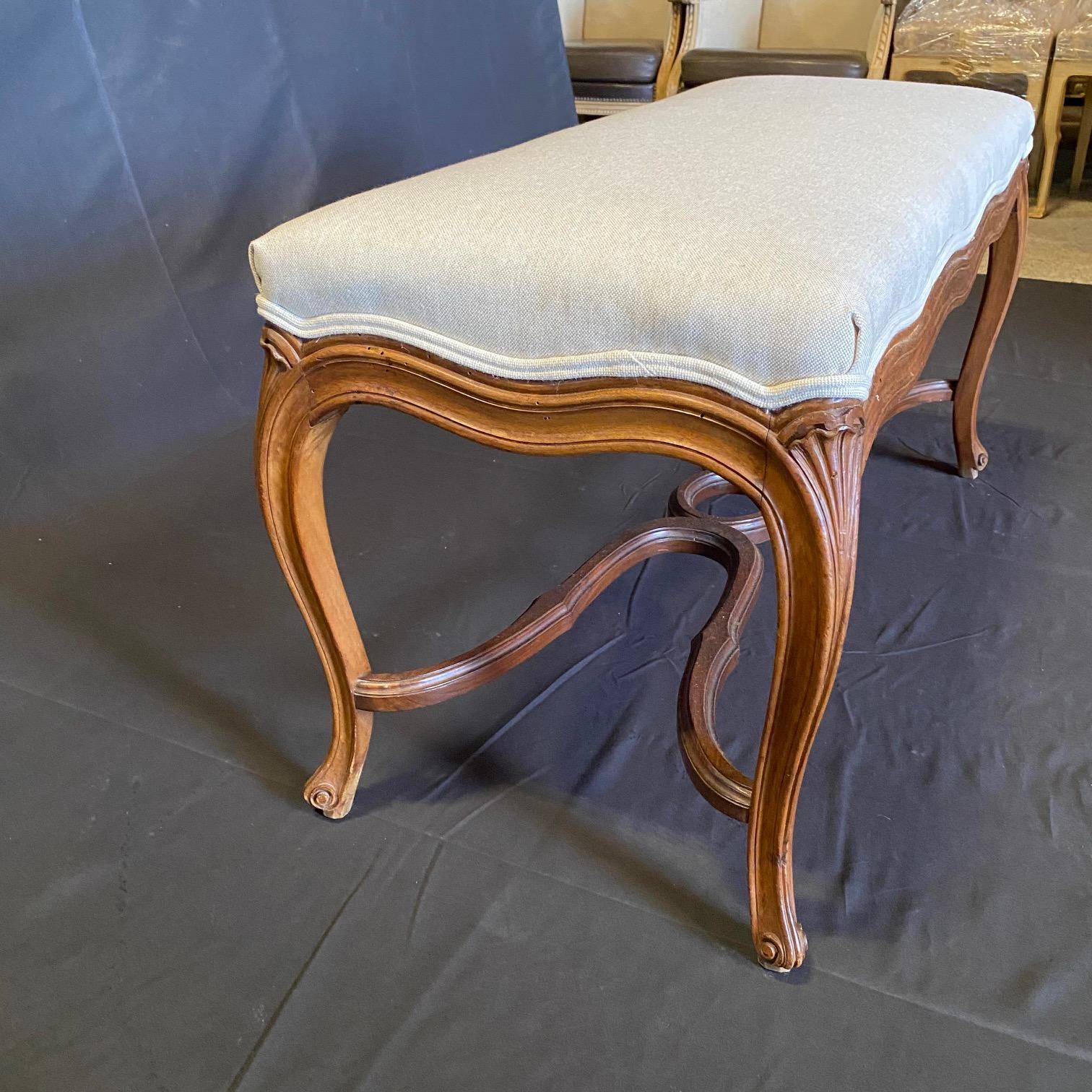  Classic French 19th Century Walnut Louis XV Newly Upholstered Bench  1