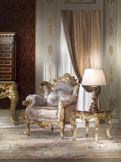 Classic French Armchair in Damask Upholstery and Gold Leaf by Modenese