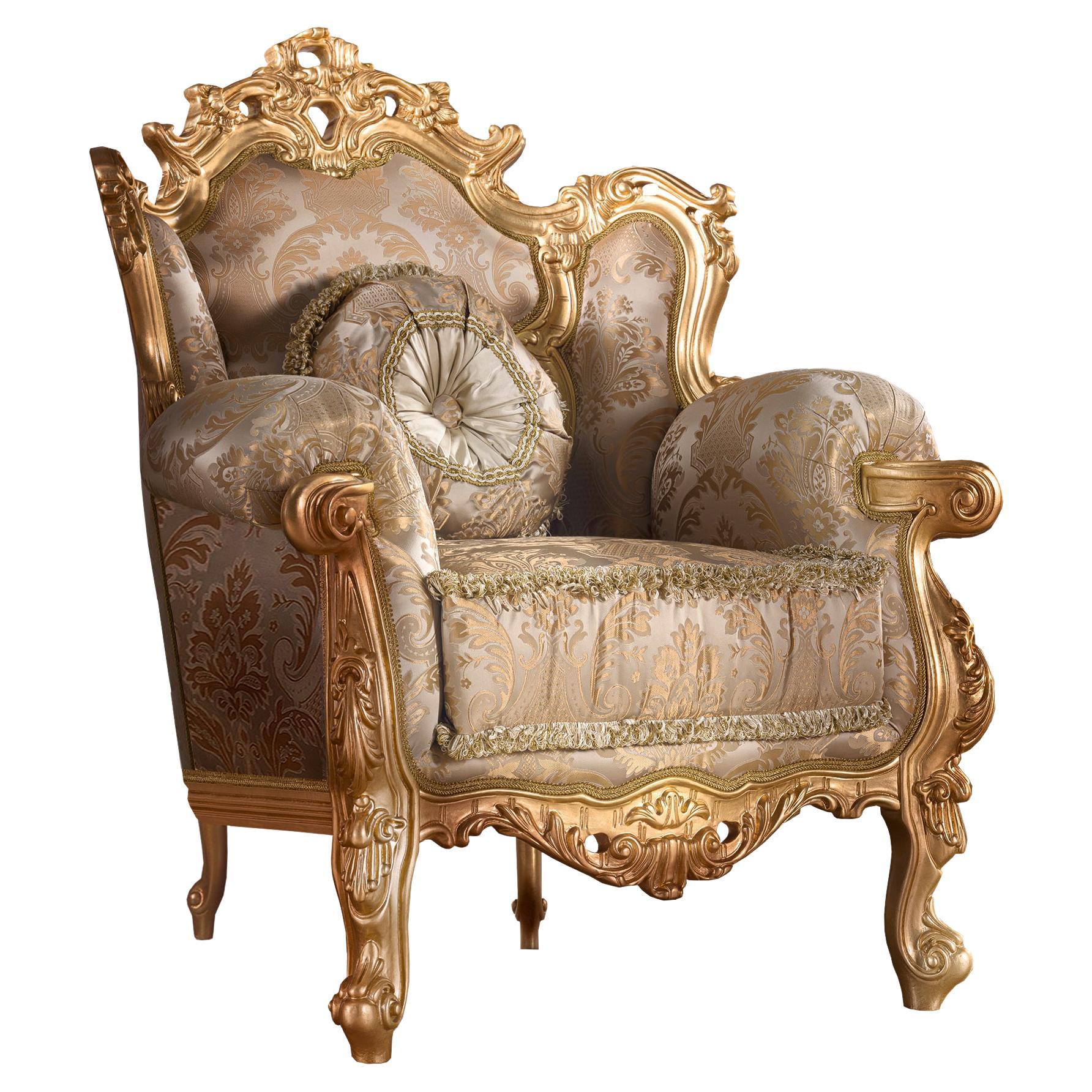 Classic French Armchair in Damask Upholstery and Gold Leaf by Modenese For Sale