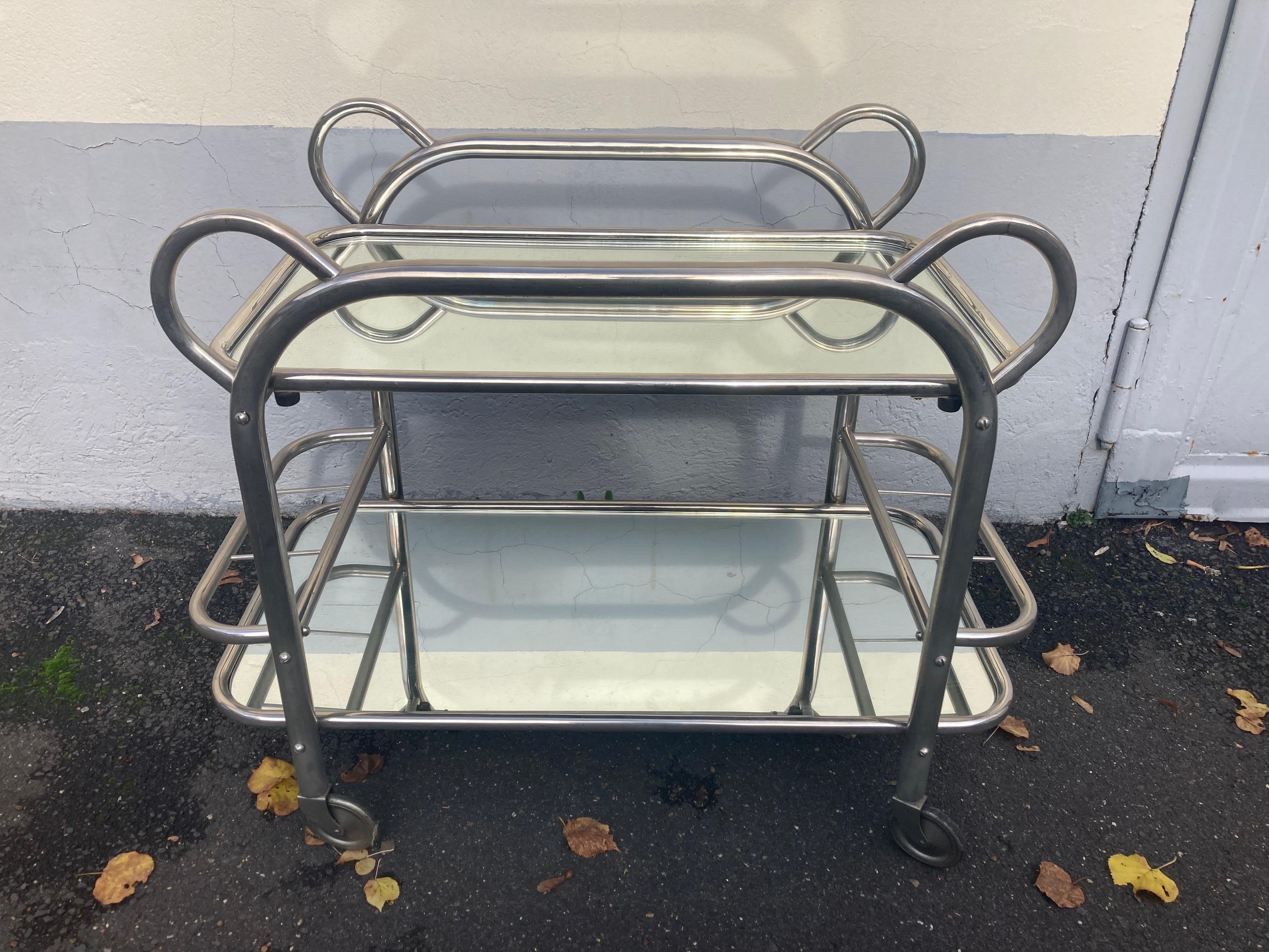 Classic French Art Déco Bar Cart by Robert Mallet - Stevens.Nickel plated. For Sale 3