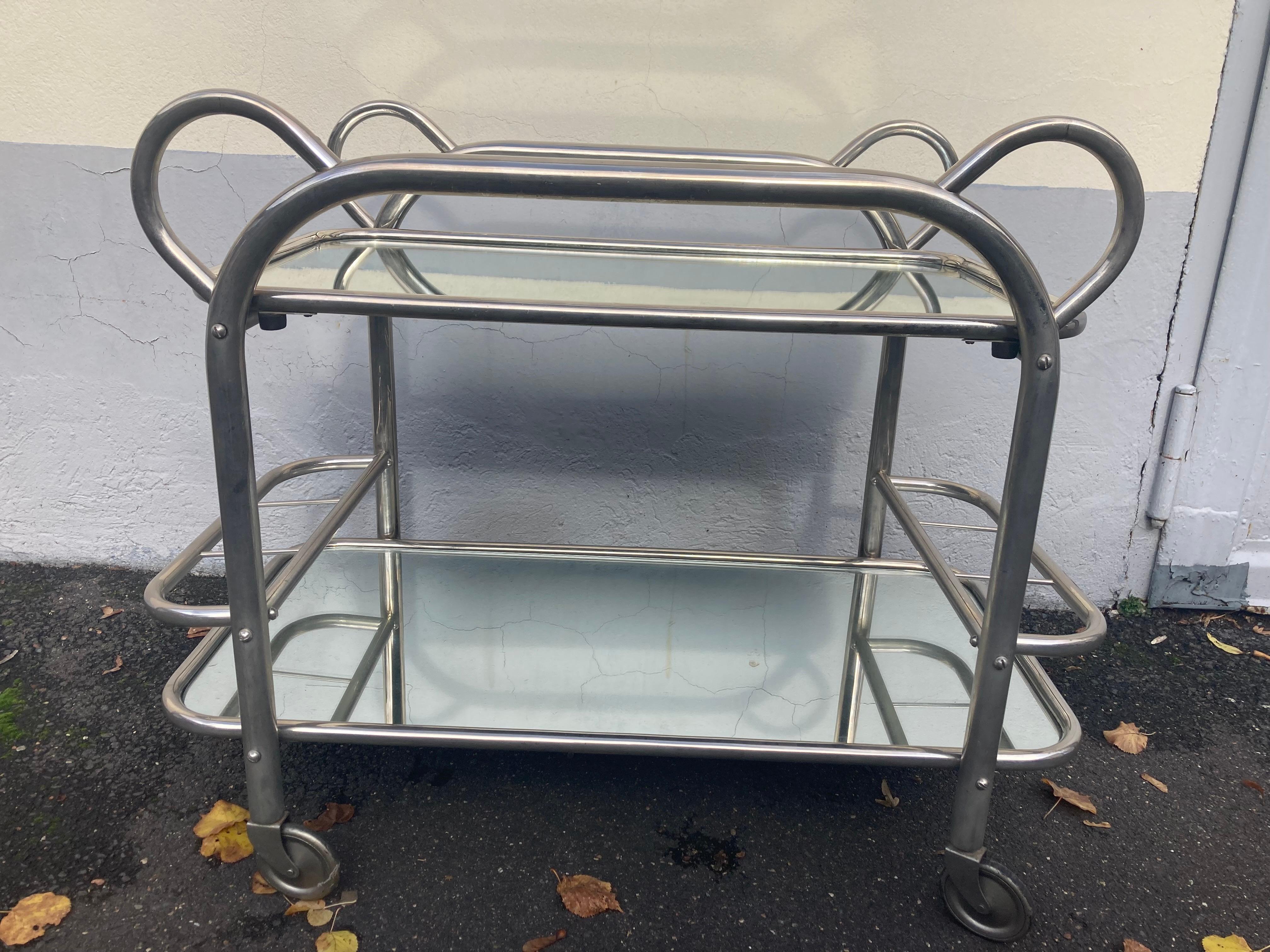 Polished Classic French Art Déco Bar Cart by Robert Mallet - Stevens.Nickel plated. For Sale