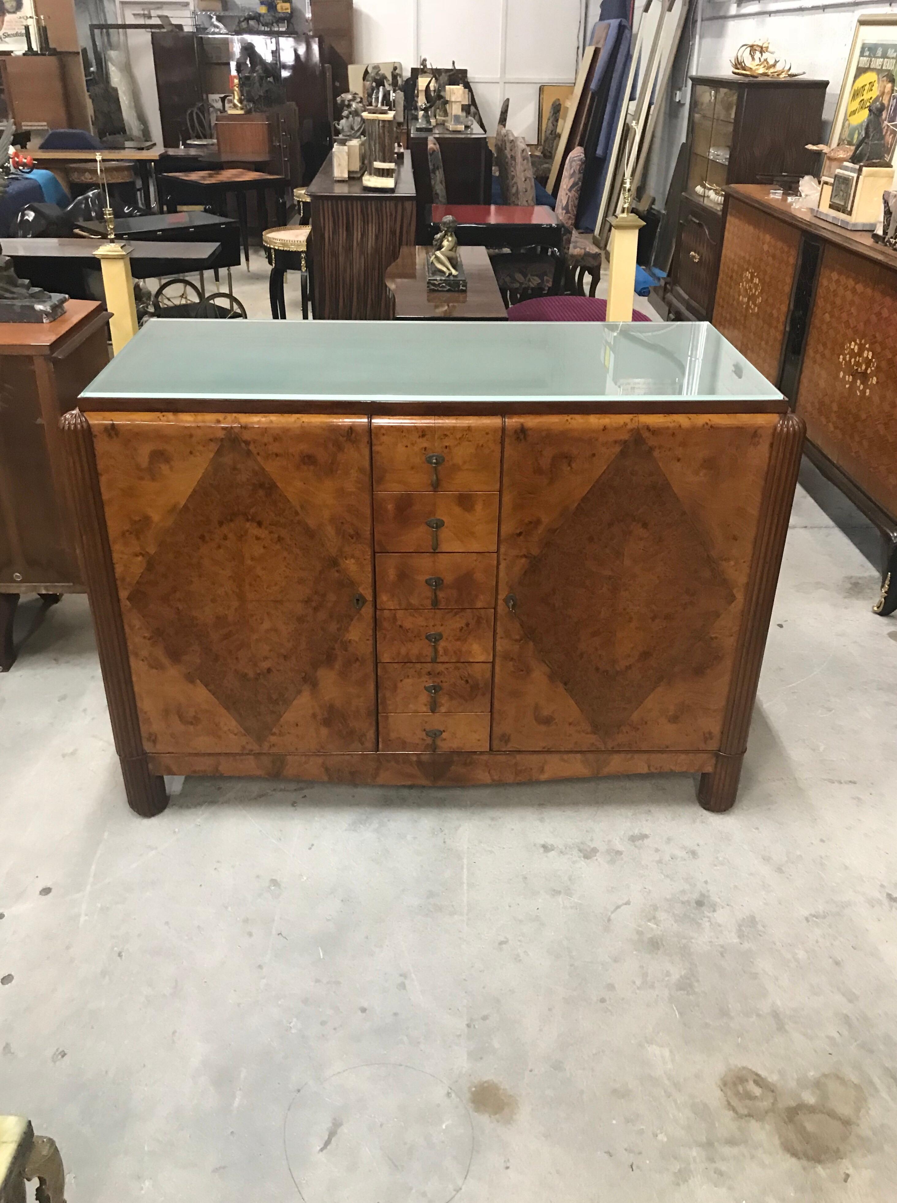 Classic French Art Deco Exotic Burl Walnut Sideboard /Buffet Art Glass Top  5