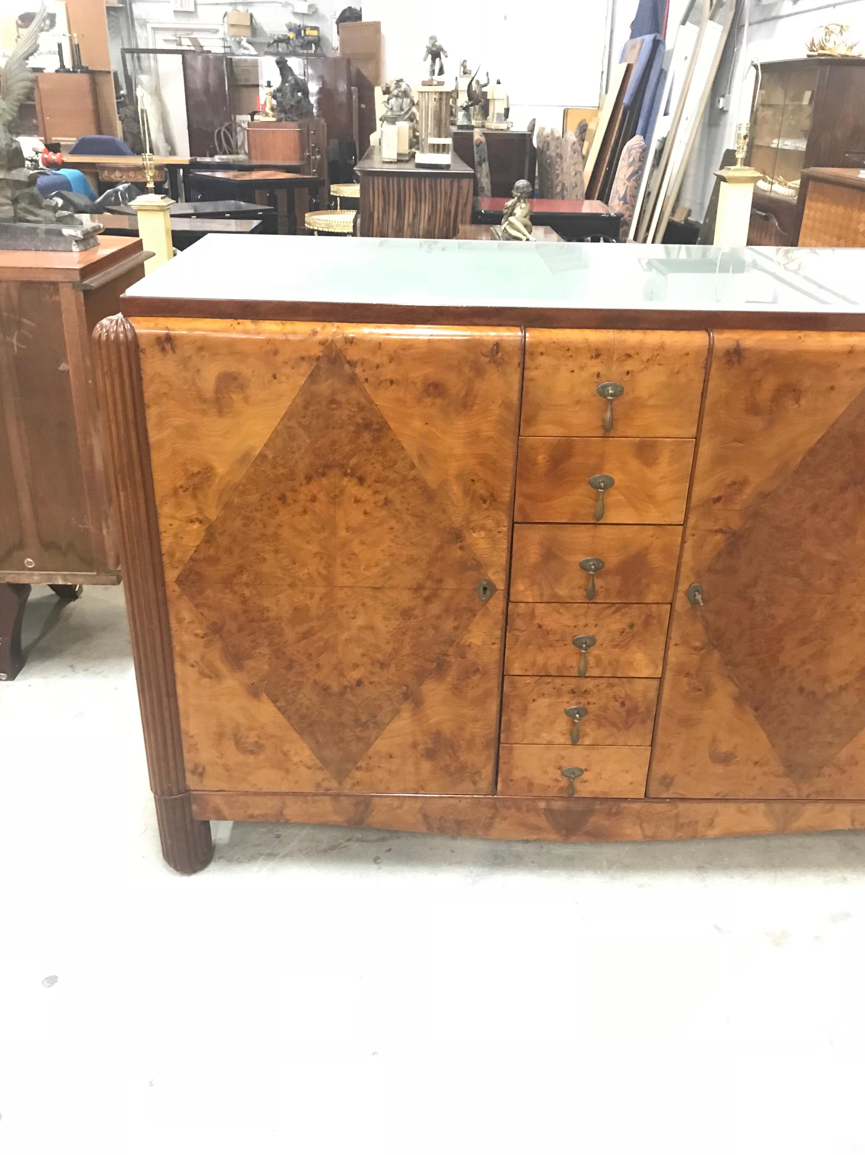 Classic French Art Deco Exotic Burl Walnut Sideboard /Buffet Art Glass Top  13