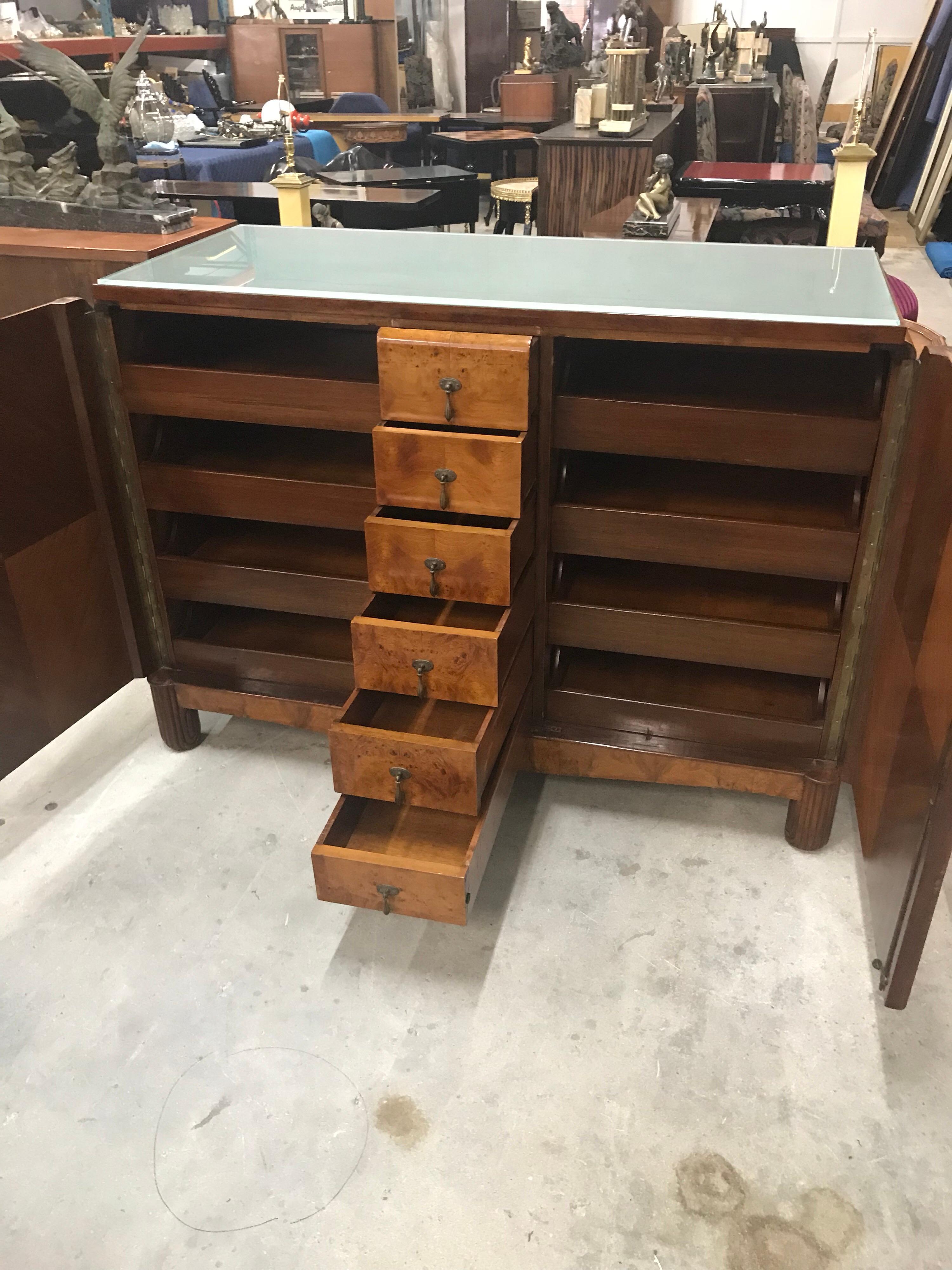 Classic French Art Deco Exotic Burl Walnut Sideboard /Buffet Art Glass Top  15