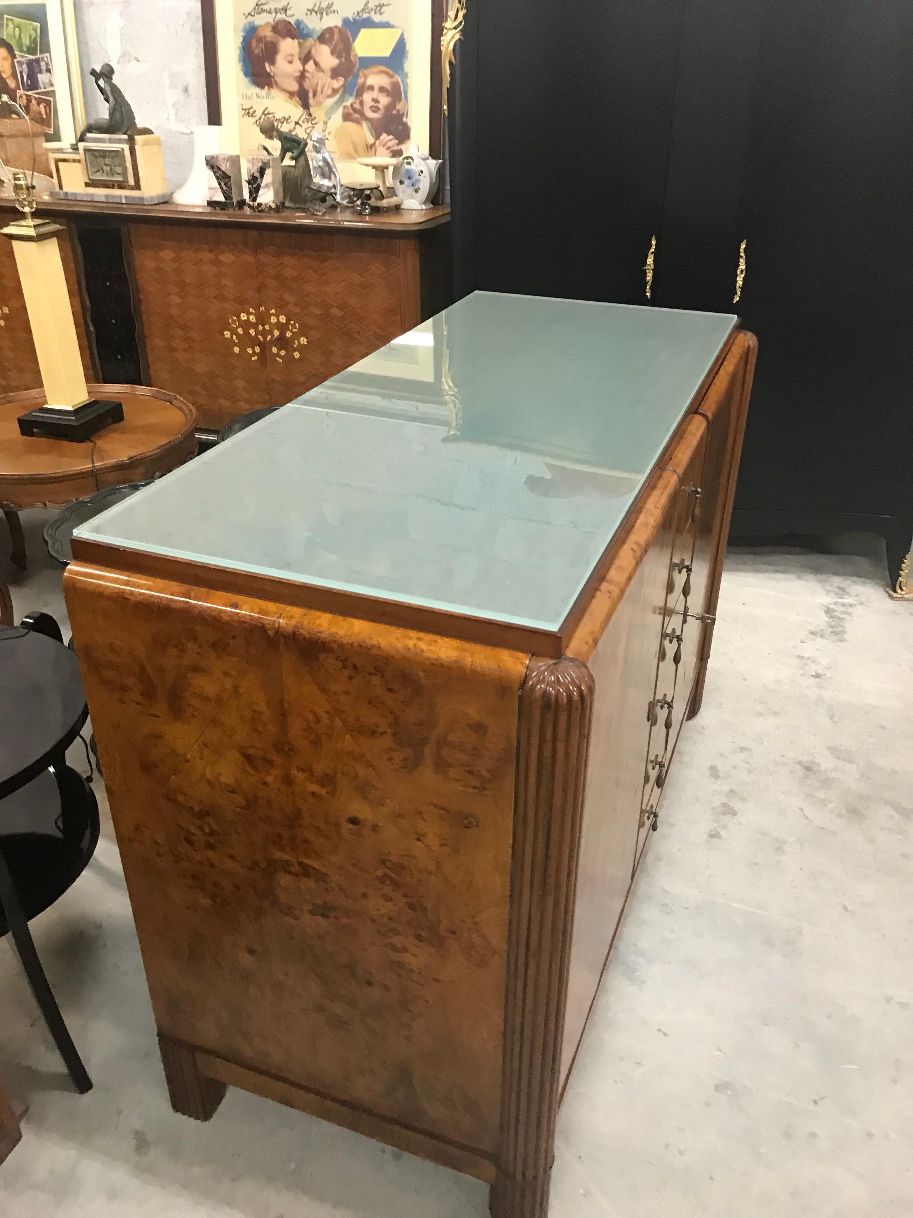 Classic French Art Deco Exotic Burl Walnut Sideboard /Buffet Art Glass Top  In Good Condition In Hialeah, FL