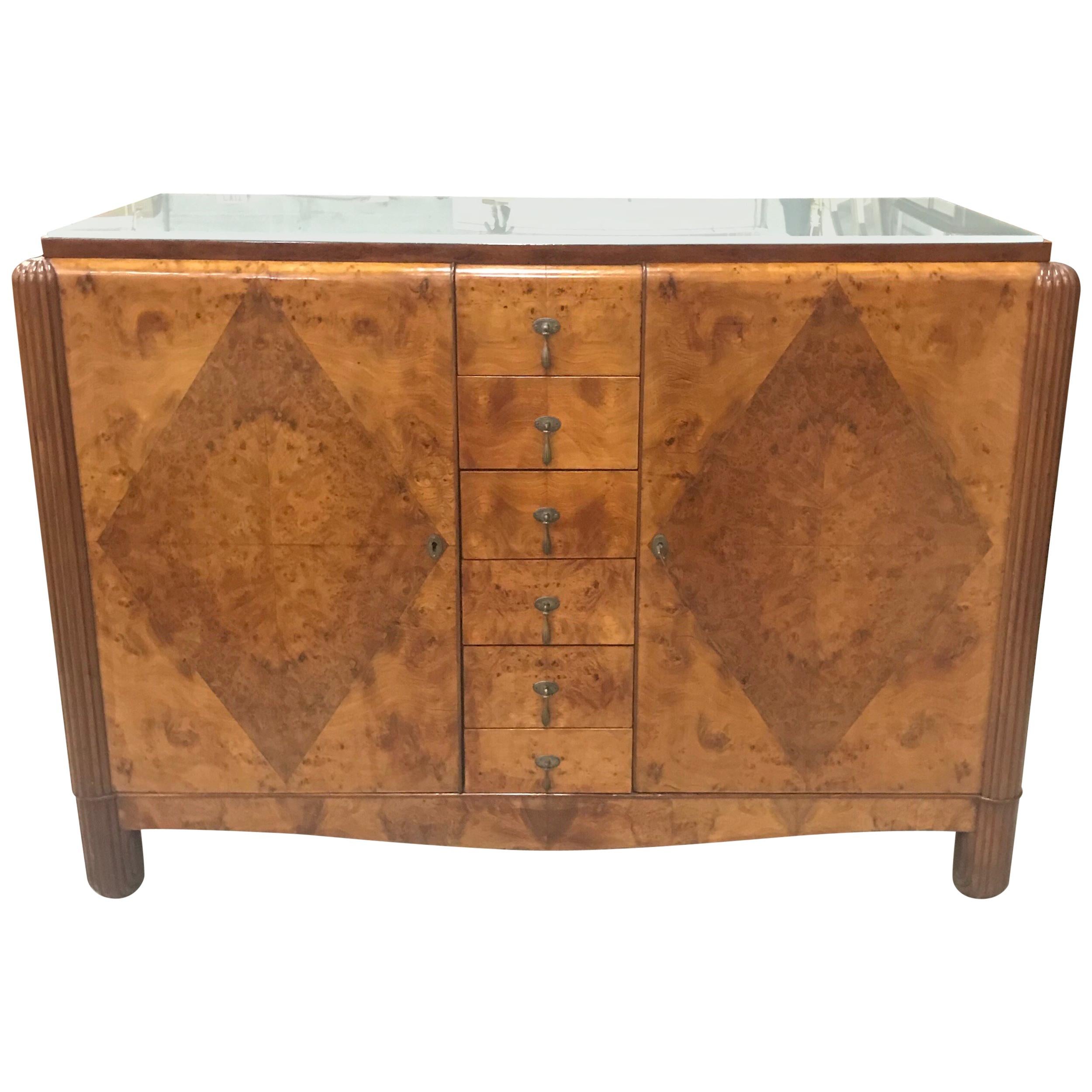 Classic French Art Deco Exotic Burl Walnut Sideboard /Buffet Art Glass Top 