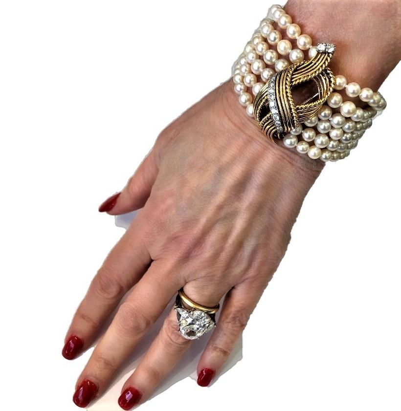 Retro Classic French Cartier Pearl Bracelet with Removable Brooch and Diamonds