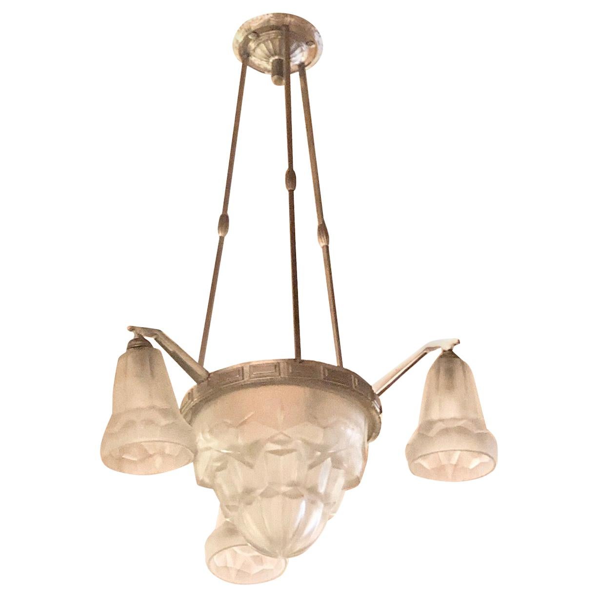 Classic French Degue Art Deco Chandelier with Tulip Glass