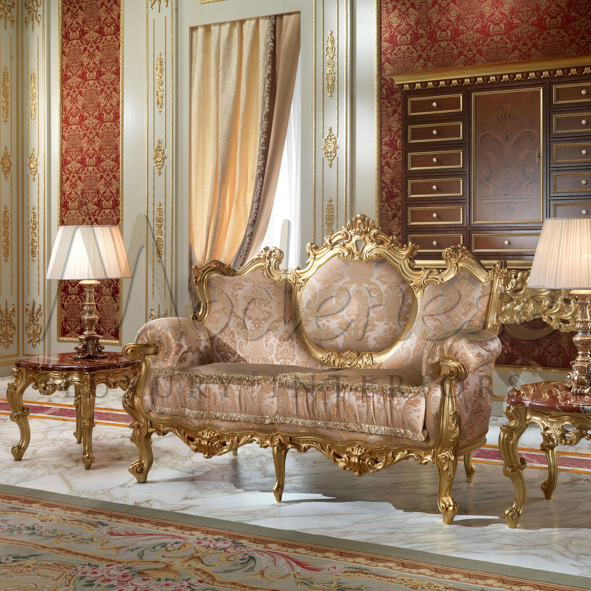 Embracing the drama of Louis XV-era, the 18th century design specialized by Modenese Luxury Interiors. This classic style two-seater sofa is as glamorous as its three-seater sibling, with the gold gilded frame, legs and crown are fully hand carved