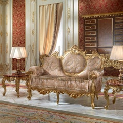 Classic French Duo Sofa in Deluxe Massive Wood and Precious Gold Leaf Appliqué