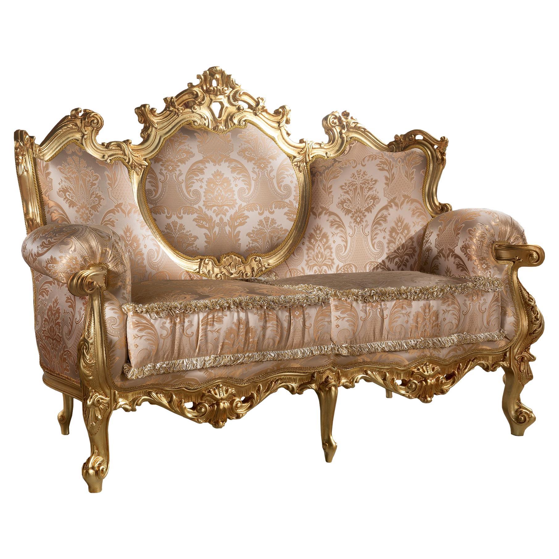 Classic French Duo Sofa in Deluxe Massive Wood and Precious Gold Leaf Appliqué For Sale