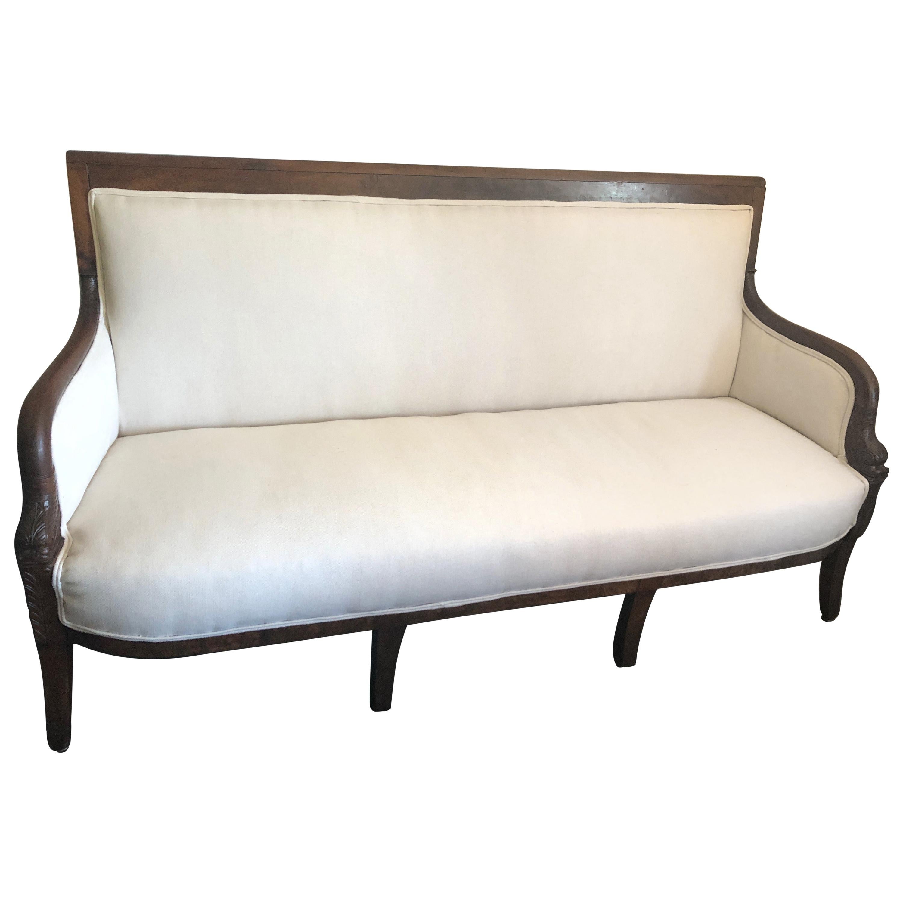 Classic French Empire Carved Walnut Sofa with Dolphin Arms