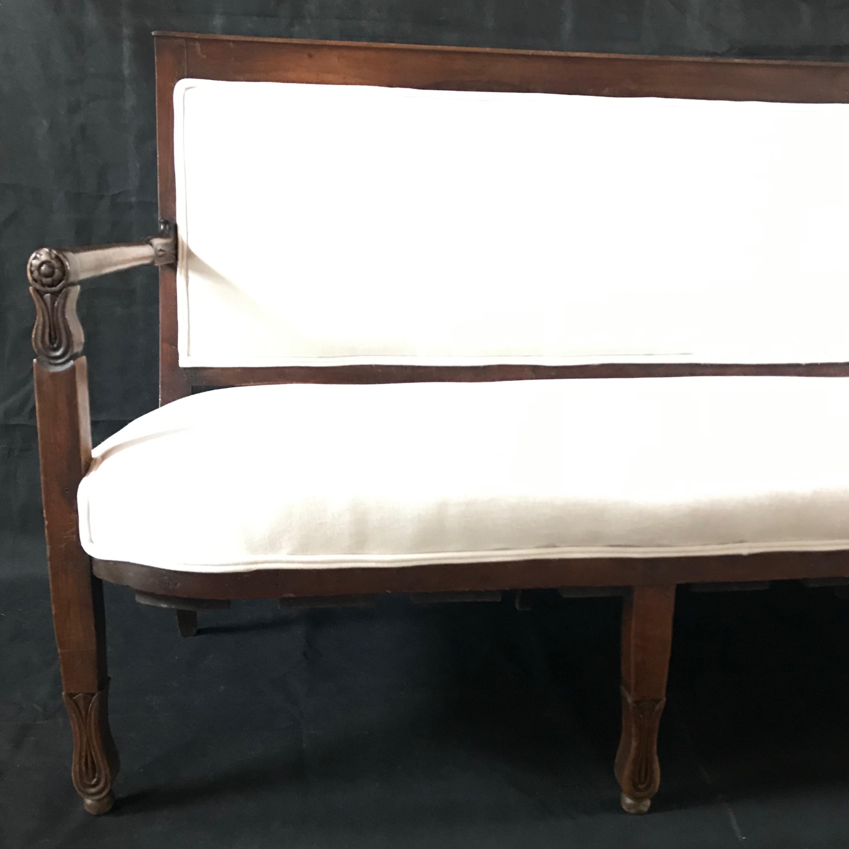 Upholstery Classic French Empire Walnut Sofa Bench Settee with Tulips