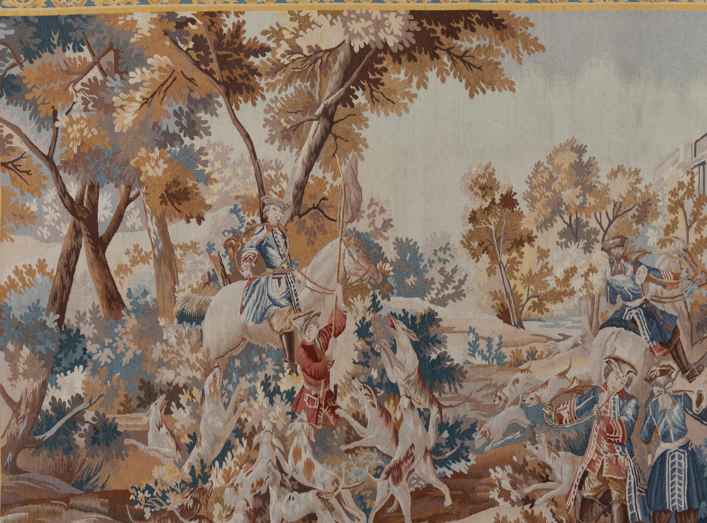 Tessuto a mano Arazzo classico francese con scena di caccia  7'1 x 5'5 in vendita
