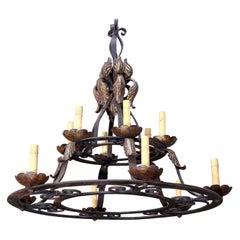 Classic French Iron and Gold on Iron Two-Tier Chandelier 1940’s.