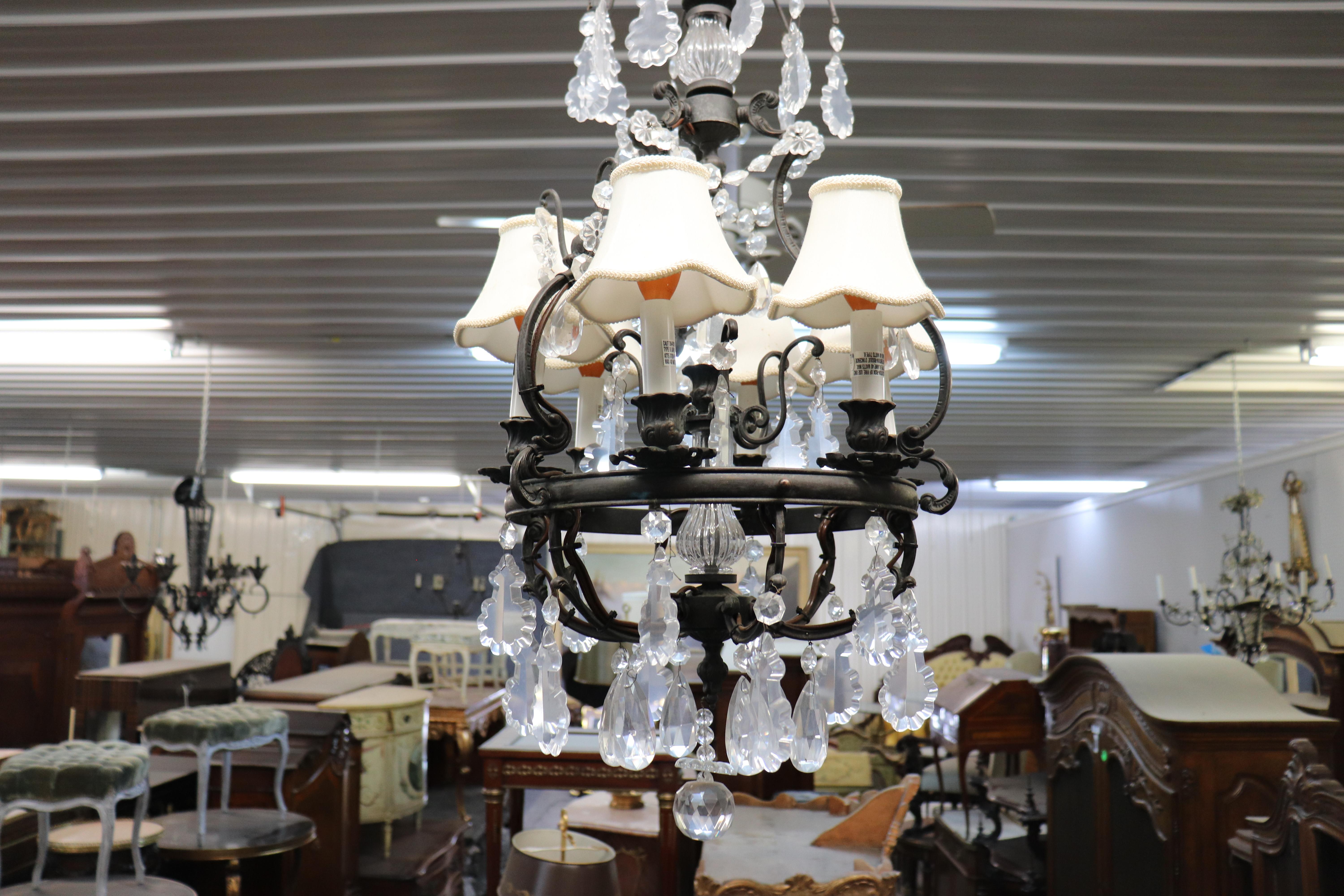 Classic French Louis XV Irion Chandelier with Cut Crystal Prisms and 6 Lights In Good Condition For Sale In Swedesboro, NJ