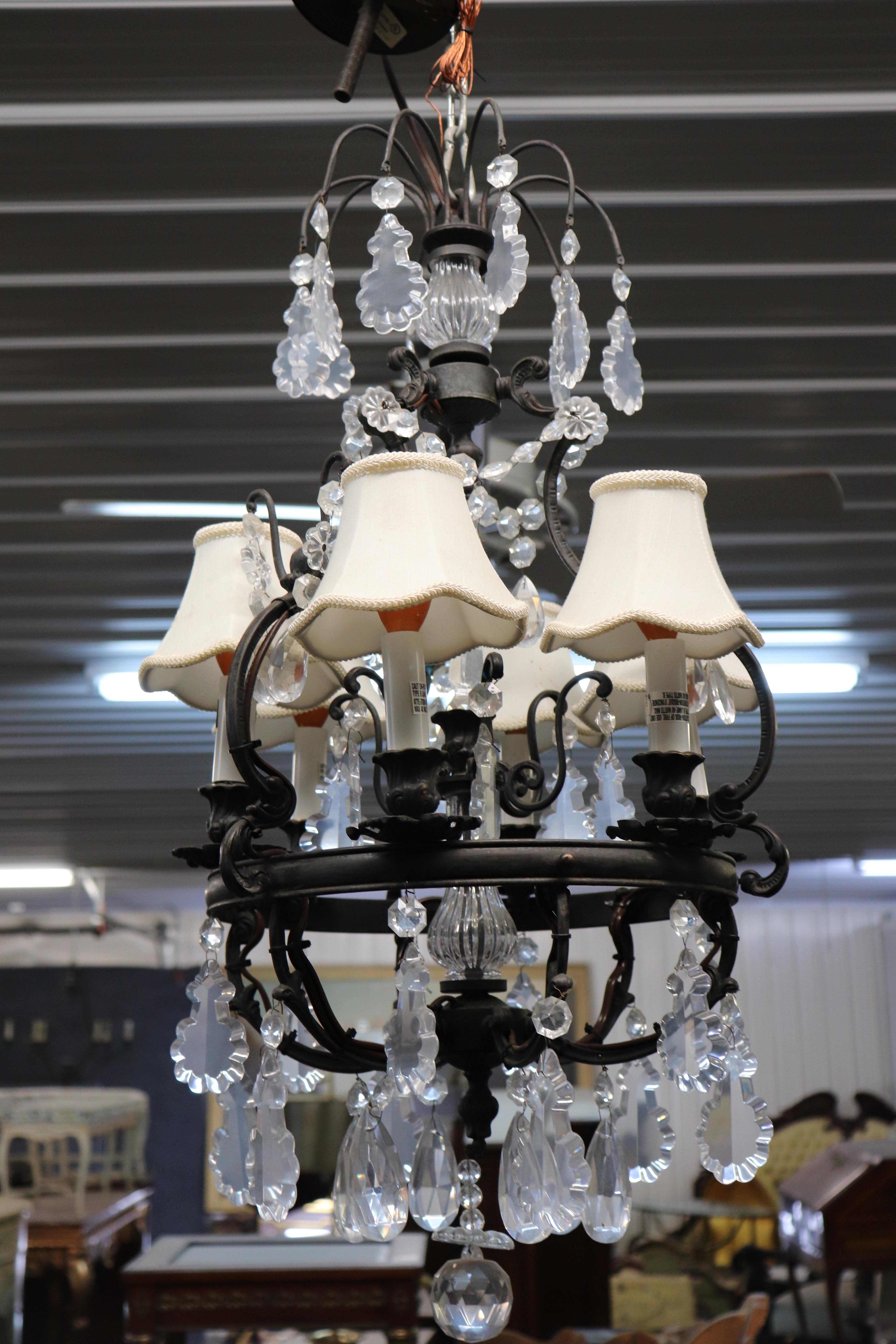 Mid-20th Century Classic French Louis XV Irion Chandelier with Cut Crystal Prisms and 6 Lights For Sale