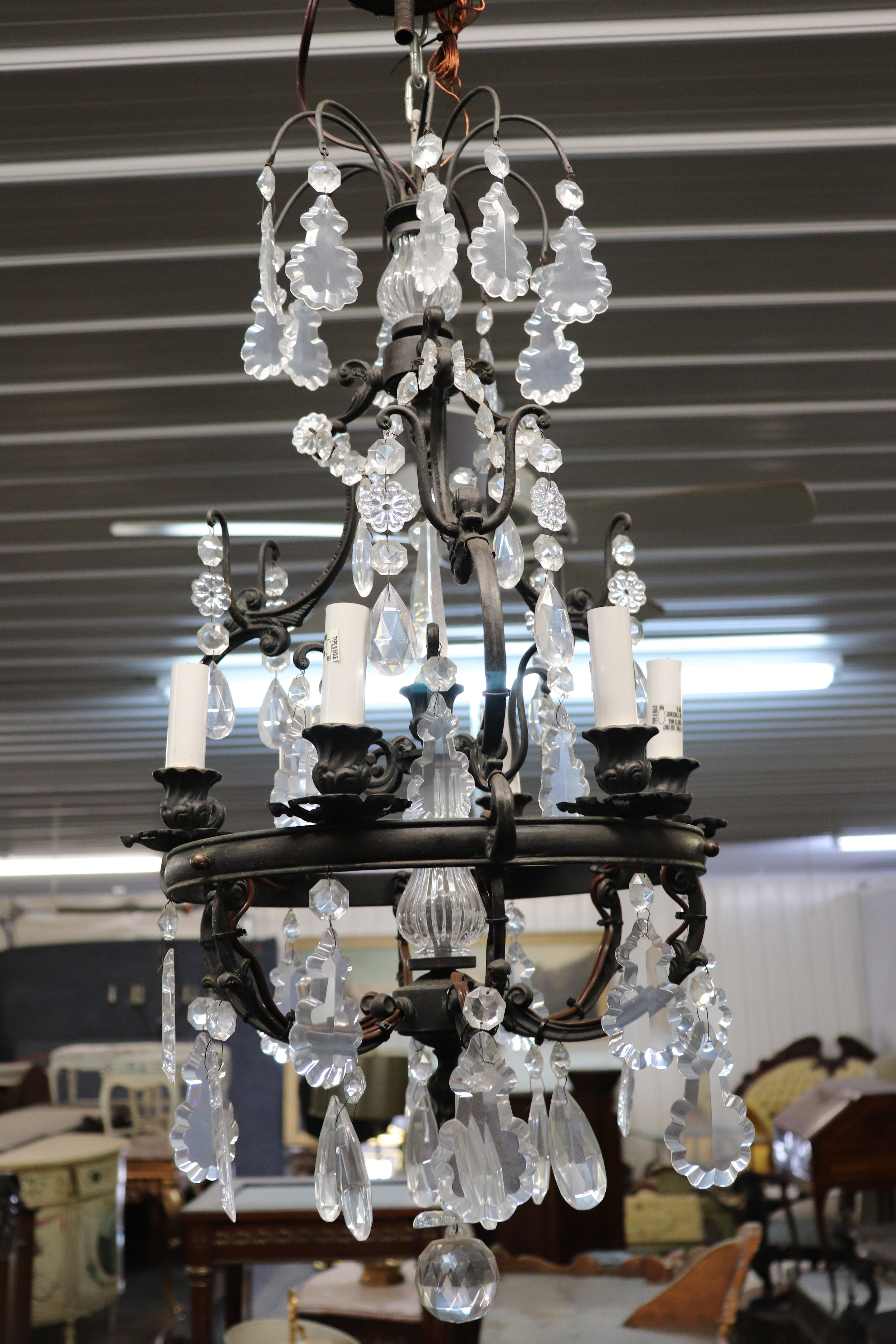 Metal Classic French Louis XV Irion Chandelier with Cut Crystal Prisms and 6 Lights For Sale