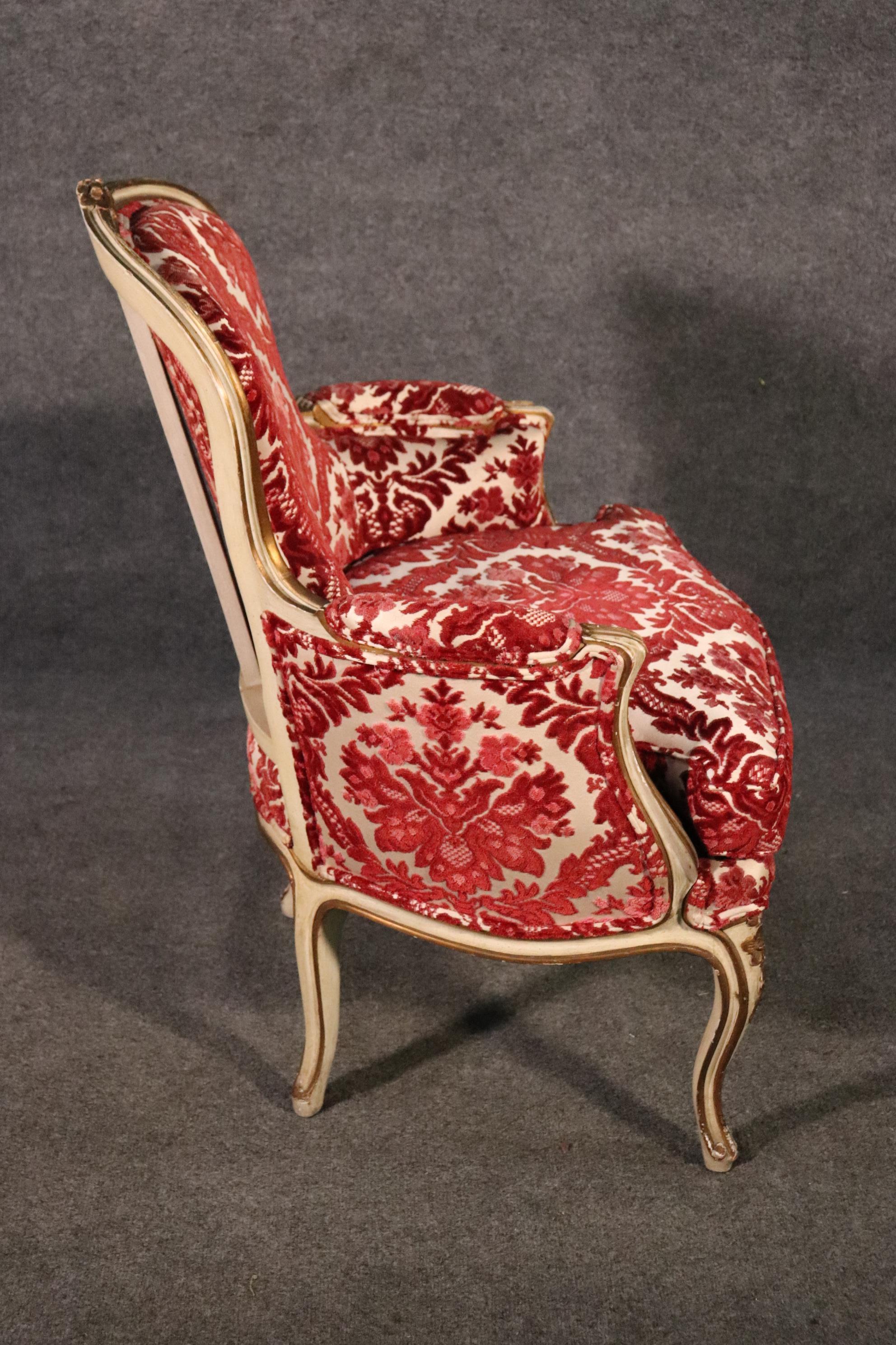 Mid-20th Century Classic French Louis XV Paint Decorated Floral Velvet Bergere Chair, Circa 1950