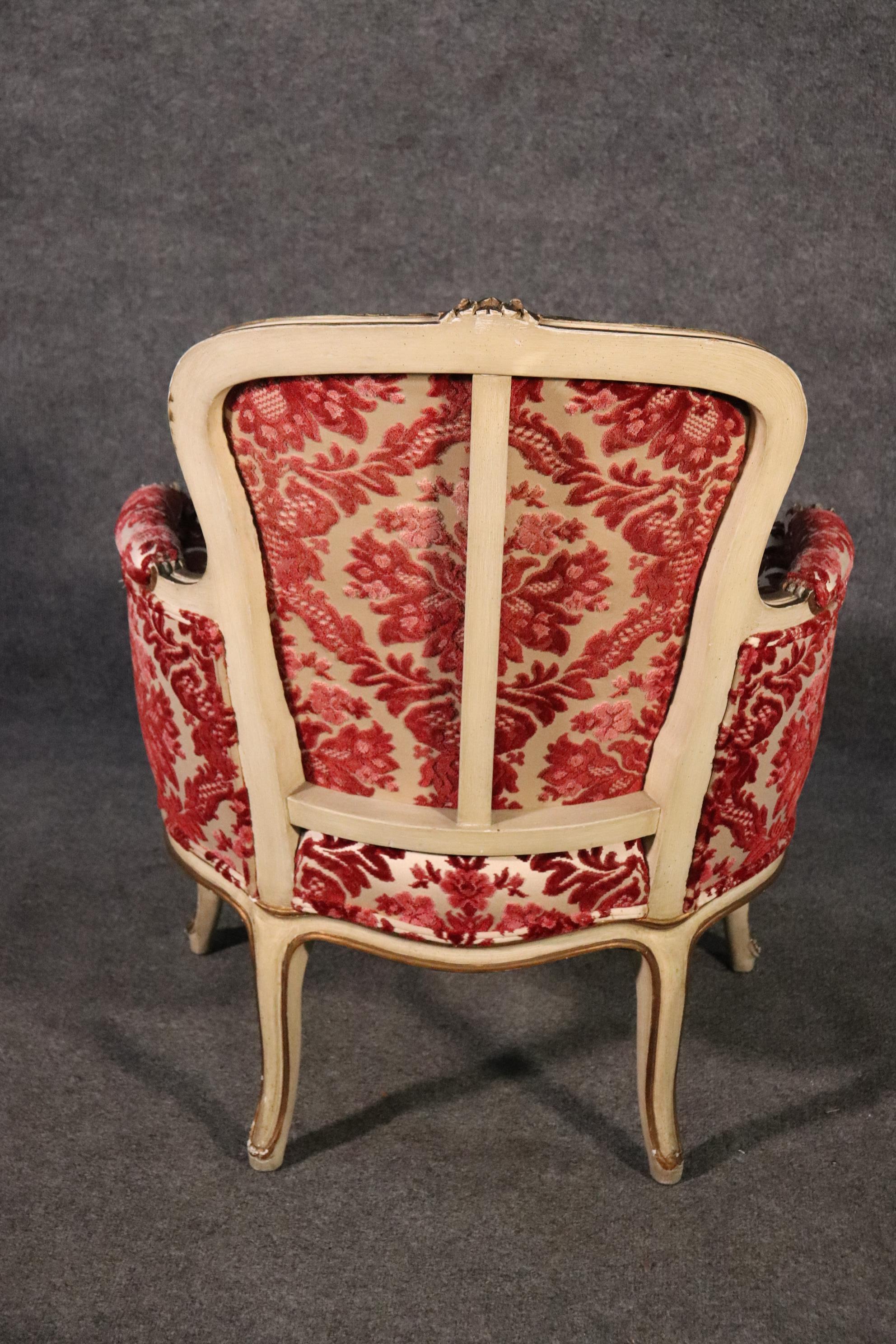 Walnut Classic French Louis XV Paint Decorated Floral Velvet Bergere Chair, Circa 1950