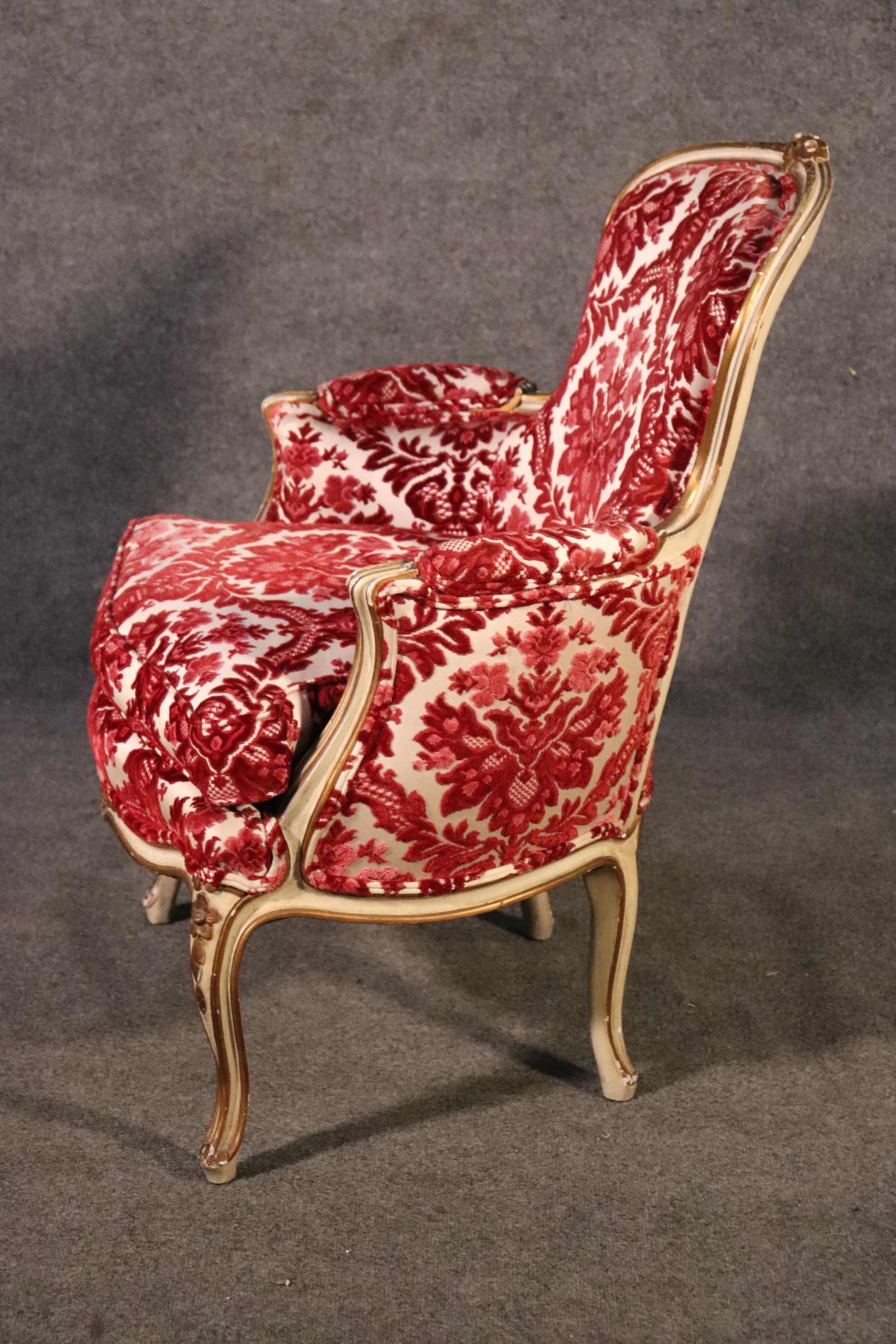 Classic French Louis XV Paint Decorated Floral Velvet Bergere Chair, Circa 1950 1