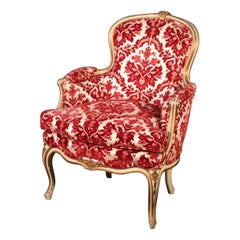 Classic French Louis XV Paint Decorated Floral Velvet Bergere Chair, Circa 1950