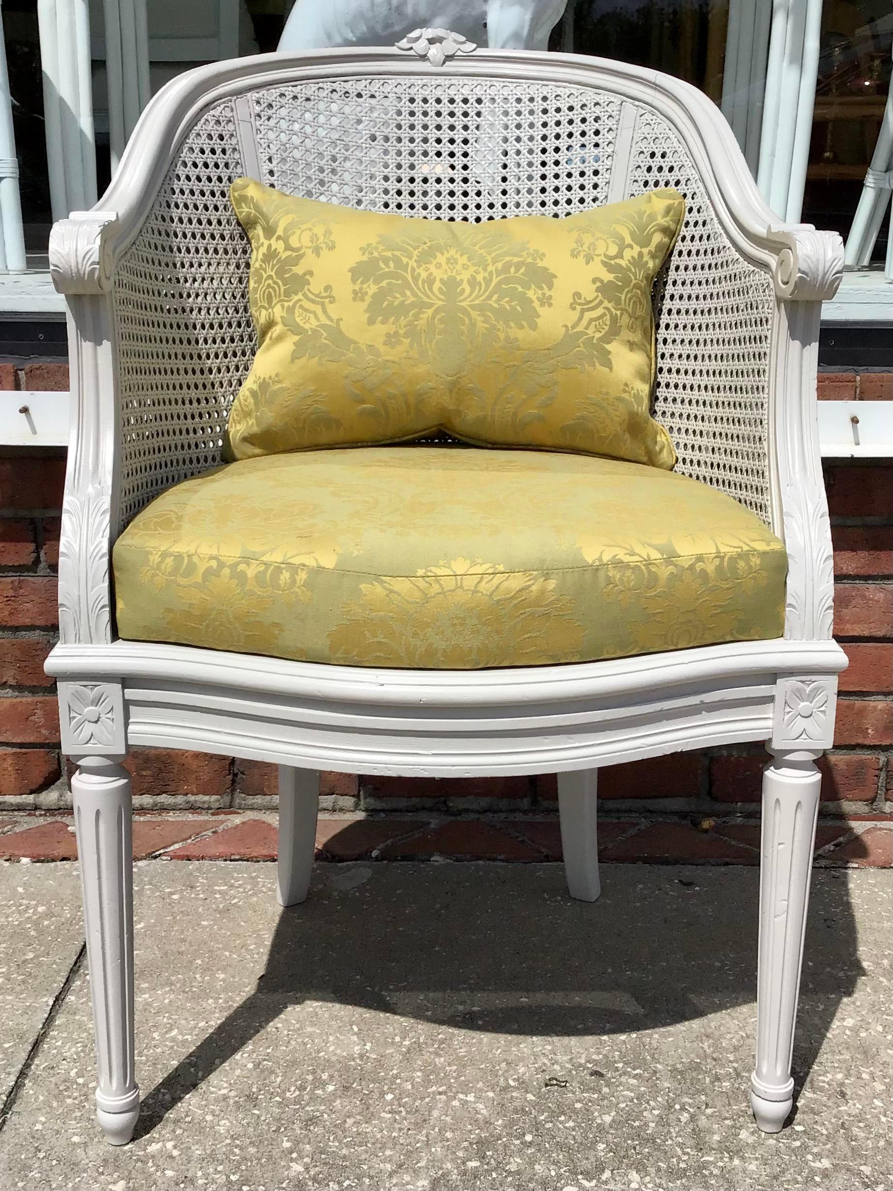 Classic Chic French Louis XVI barrel chair with new gray lacquer finish and gold todd hase upholstery. Lovely Caine work on the barrel shape.