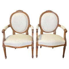 Classic French Pair of Antique Highly Carved Louis XVI Armchairs or Fauteuils 