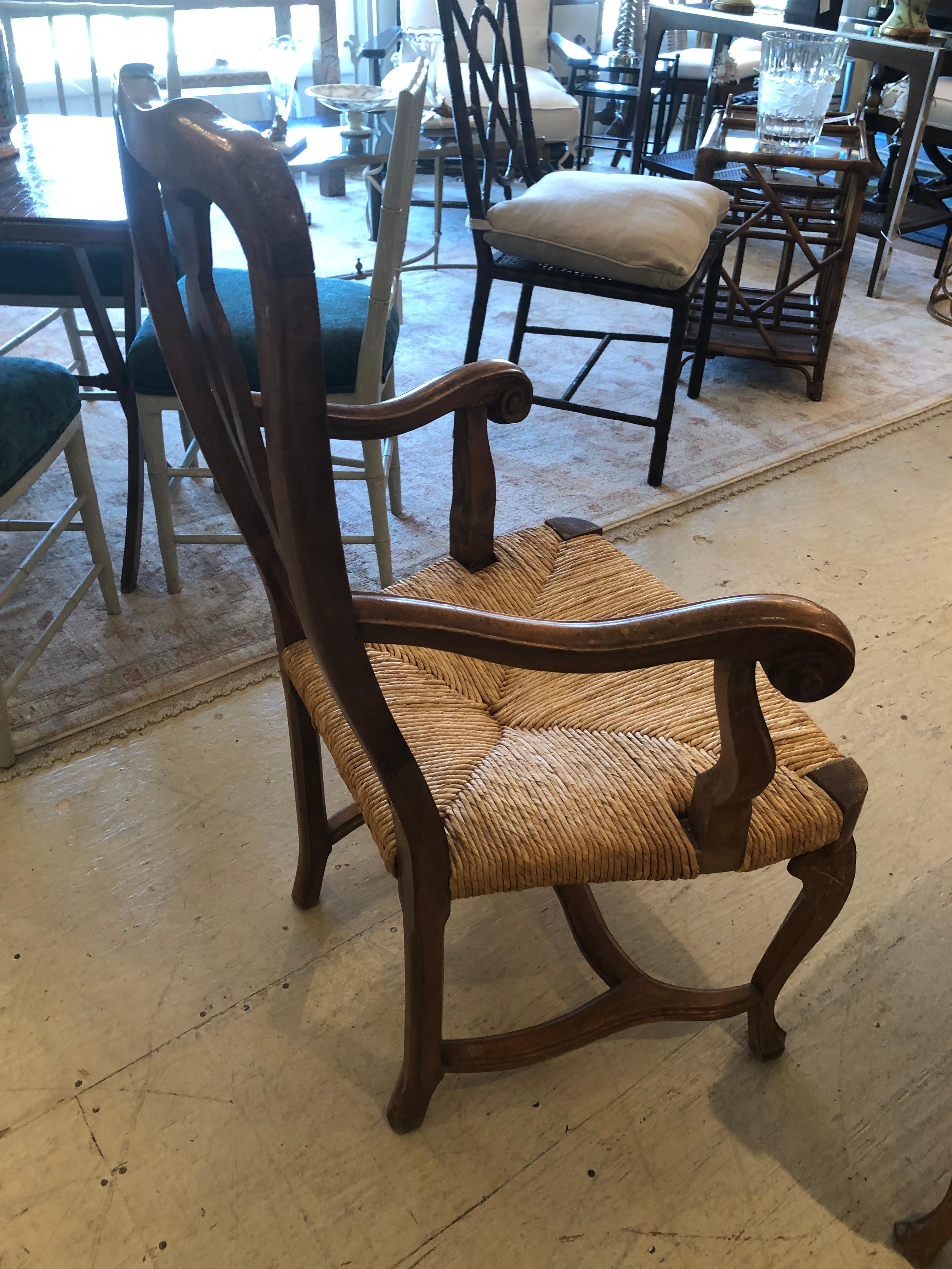 Classic French Provincial Chestnut Armchair with Rush Seat In Good Condition In Hopewell, NJ