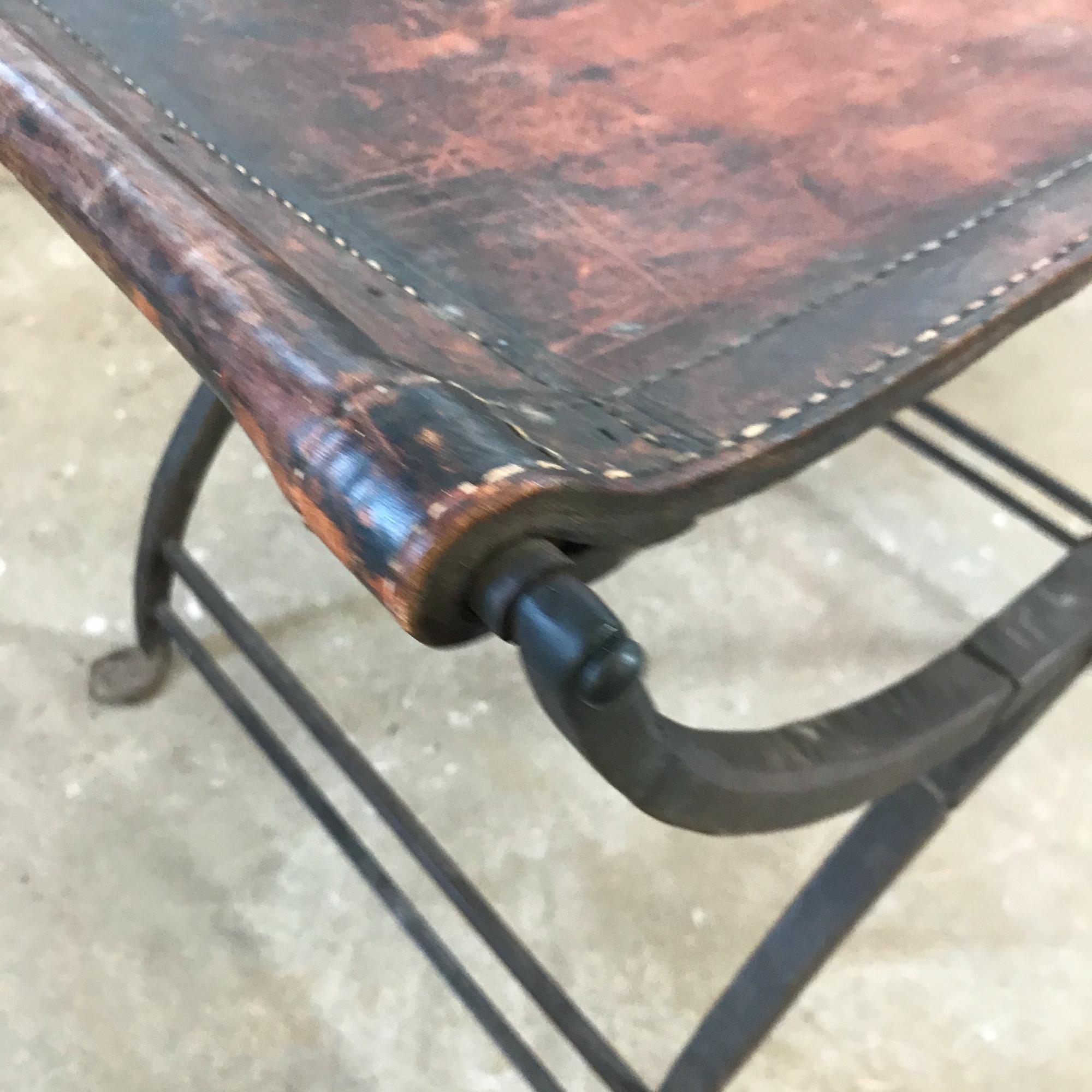 Neoclassical 1930s French Renaissance Curule Stool Hand Forged Iron Saddle Leather France