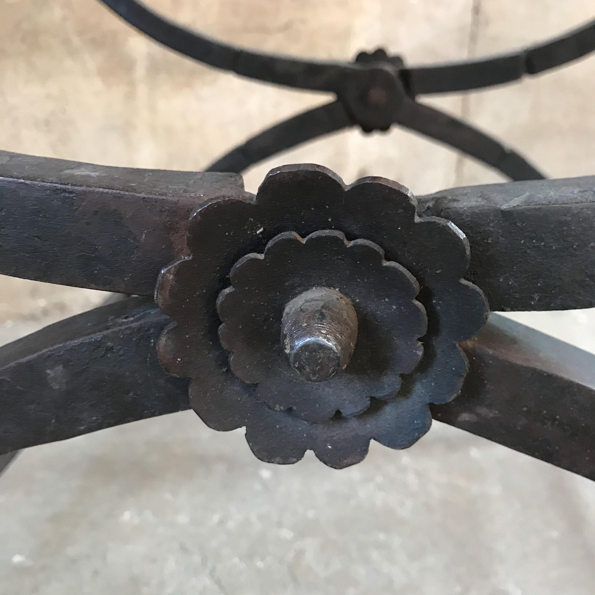 Mid-20th Century 1930s French Renaissance Curule Stool Hand Forged Iron Saddle Leather France