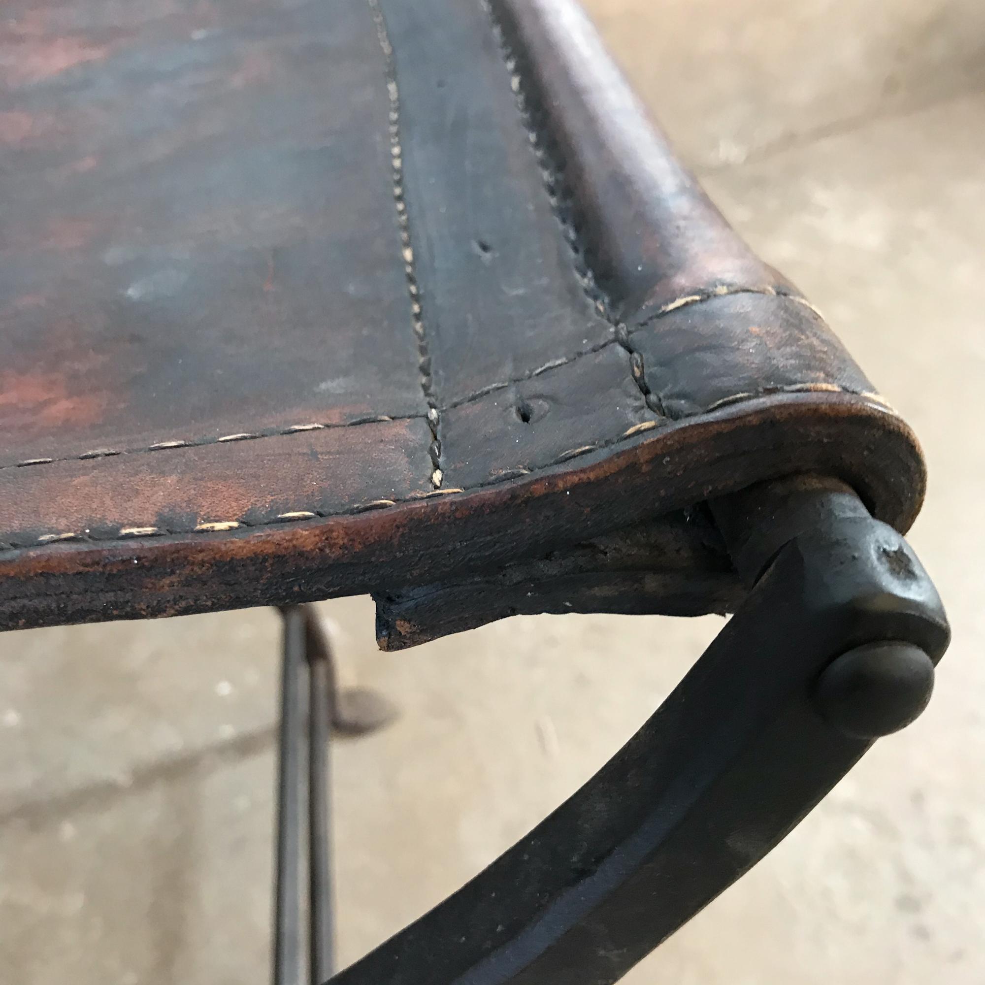 1930s French Renaissance Curule Stool Hand Forged Iron Saddle Leather France 2