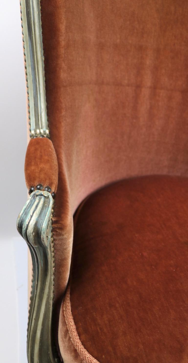 Carved Classic French Style Bergere Lounge Chair in Mohair Upholstery 