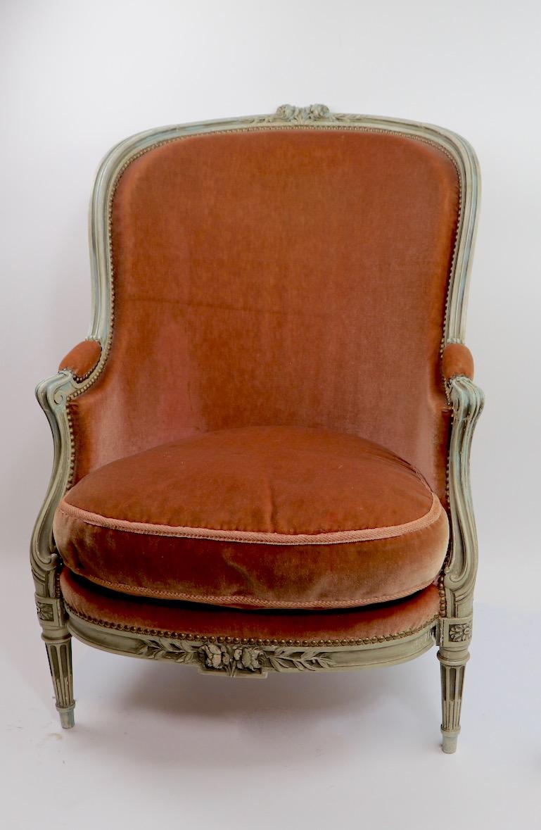 20th Century Classic French Style Bergere Lounge Chair in Mohair Upholstery 