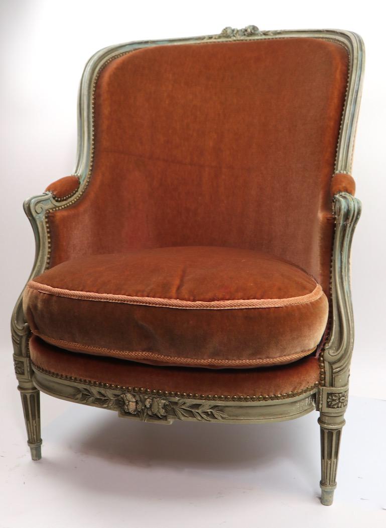 Classic French Style Bergere Lounge Chair in Mohair Upholstery  1