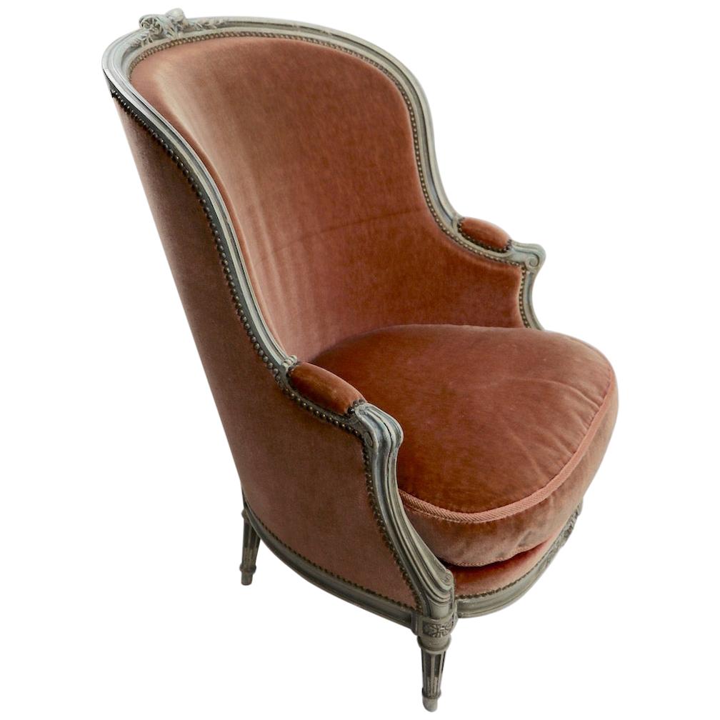 Classic French Style Bergere Lounge Chair in Mohair Upholstery 