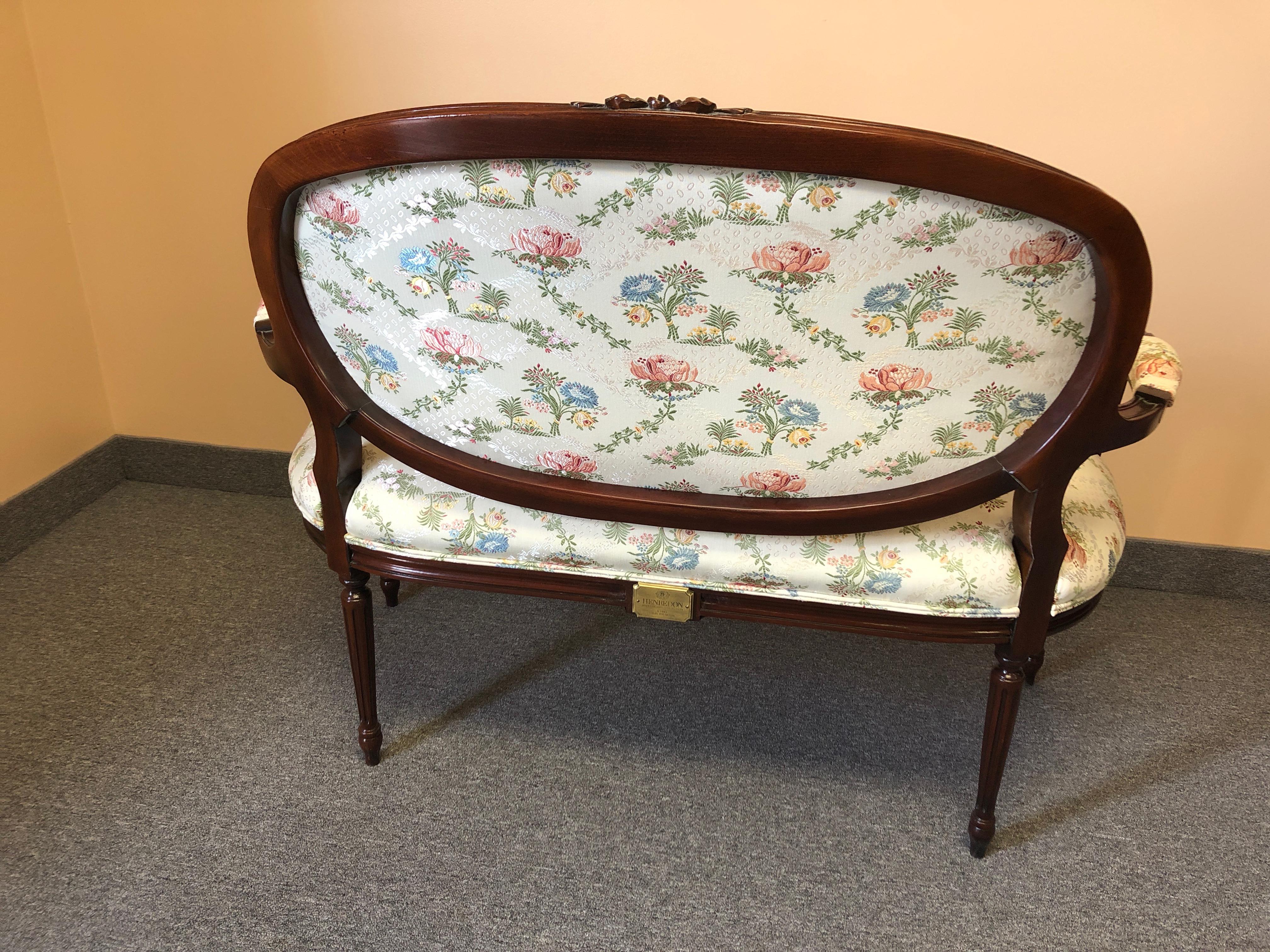 American Classic Fruitwood Loveseat by Henredon with Lovely Floral Upholstery