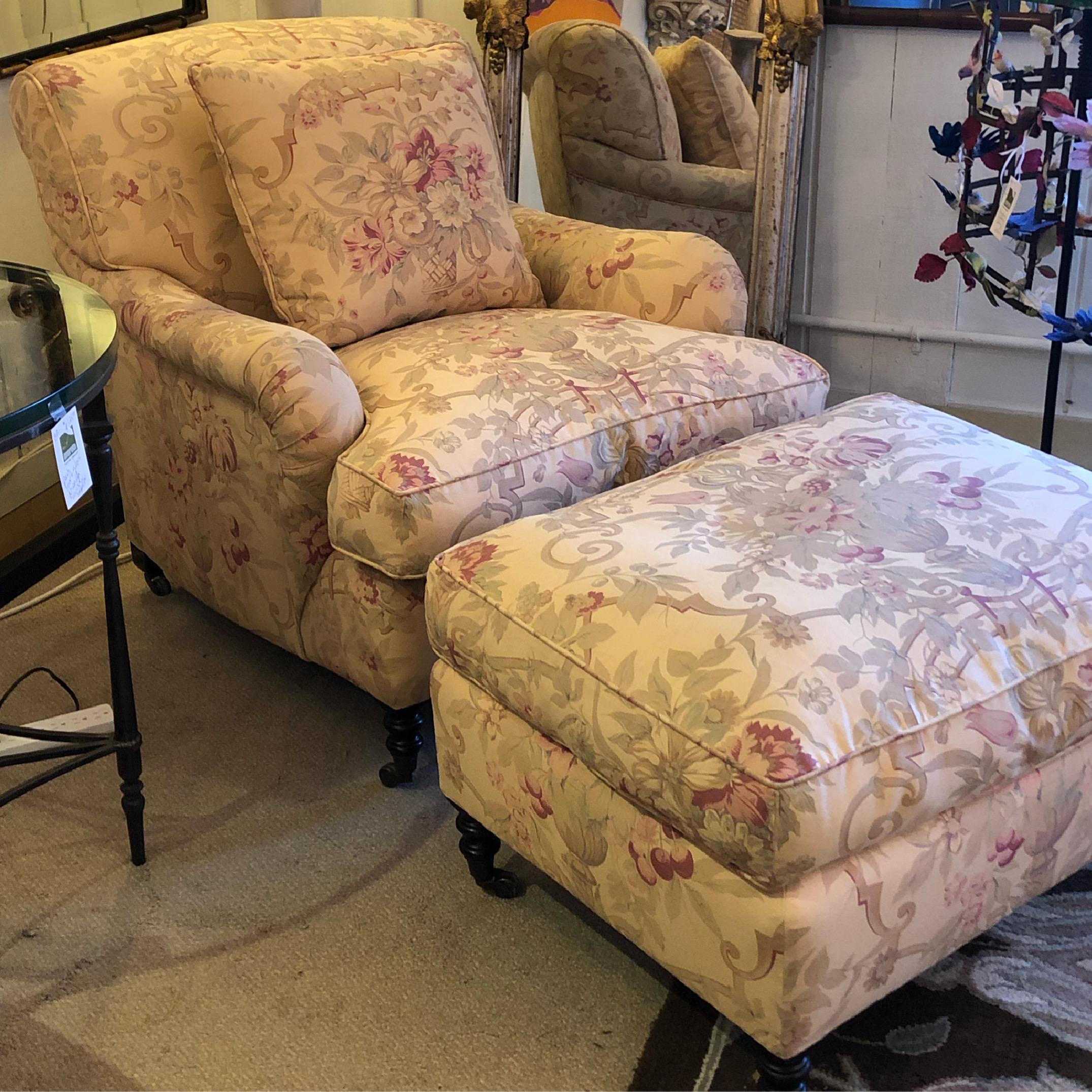Classic George Smith Large Club Chair and Ottoman in Gollut Pattern Upholstery 5