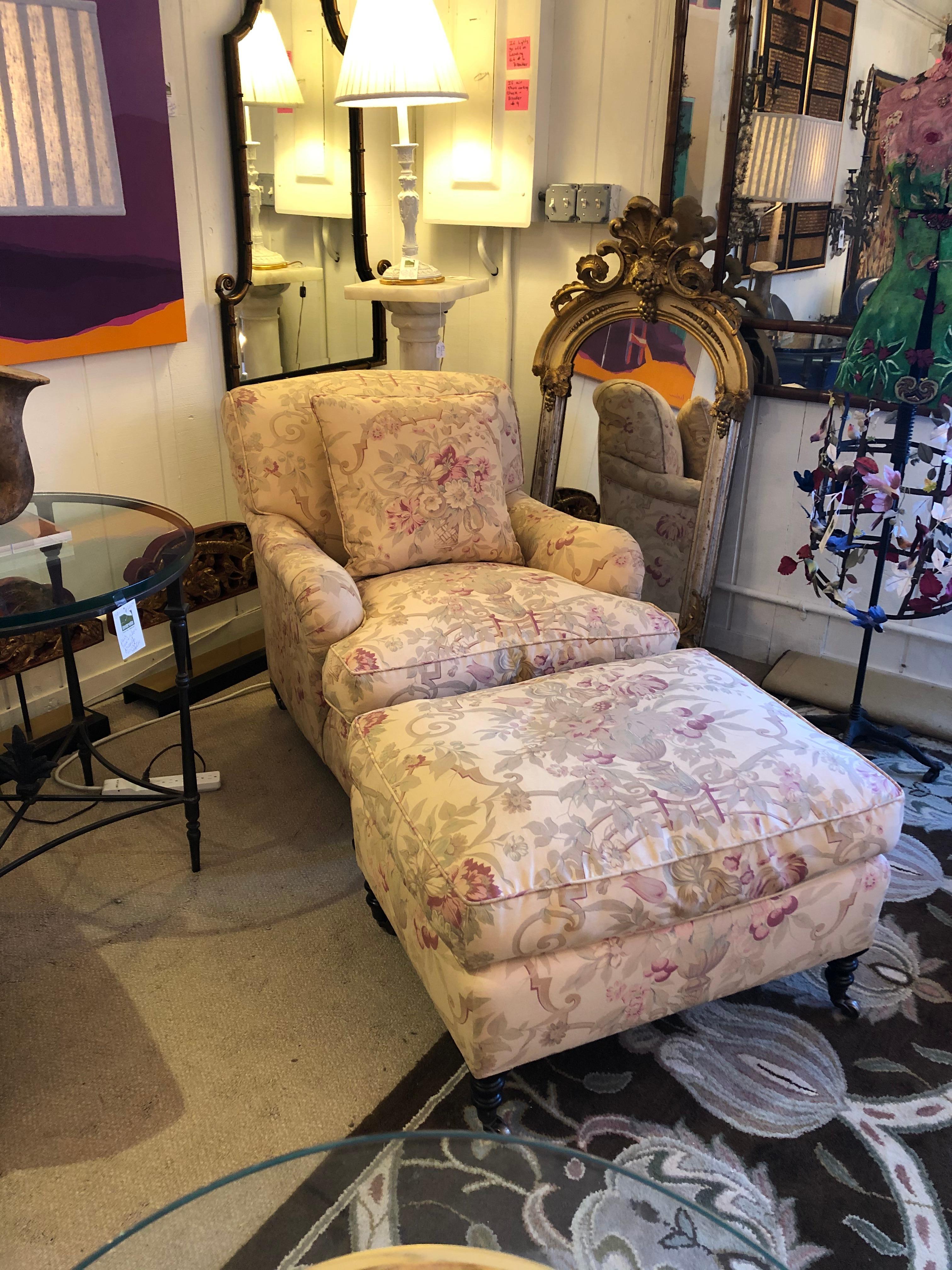 Classic George Smith Large Club Chair and Ottoman in Gollut Pattern Upholstery 6