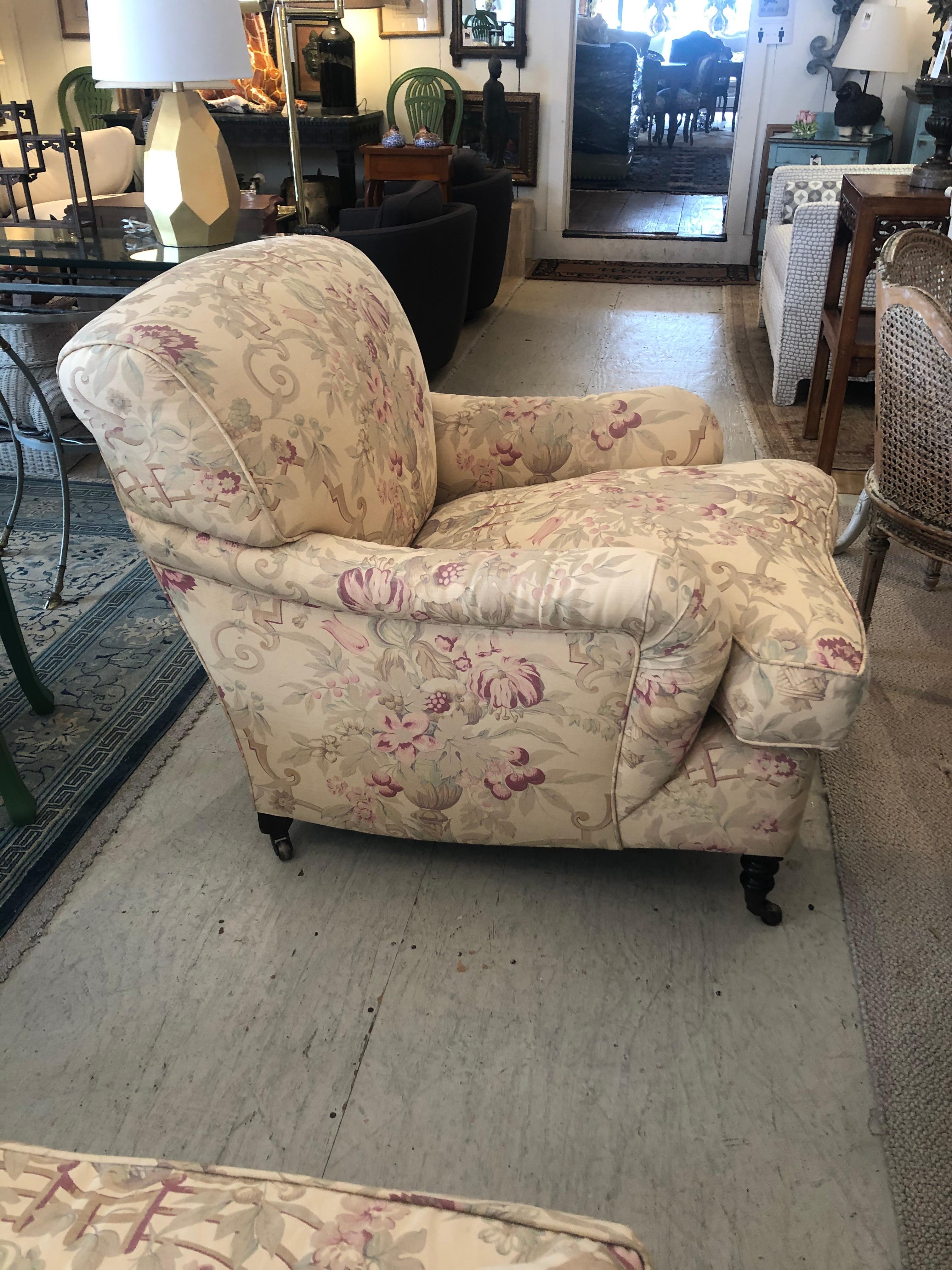 English Classic George Smith Large Club Chair and Ottoman in Gollut Pattern Upholstery