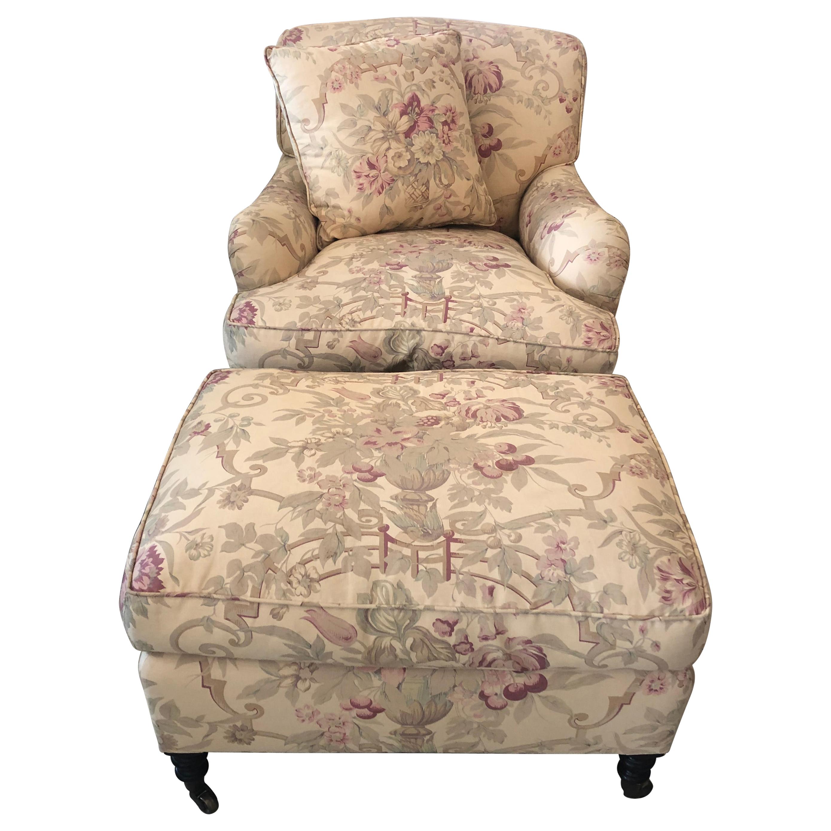 Classic George Smith Large Club Chair and Ottoman in Gollut Pattern Upholstery