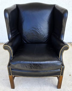 Classic Georgian Chippendale Black Leather Wingback Library Gentlemans Armchair