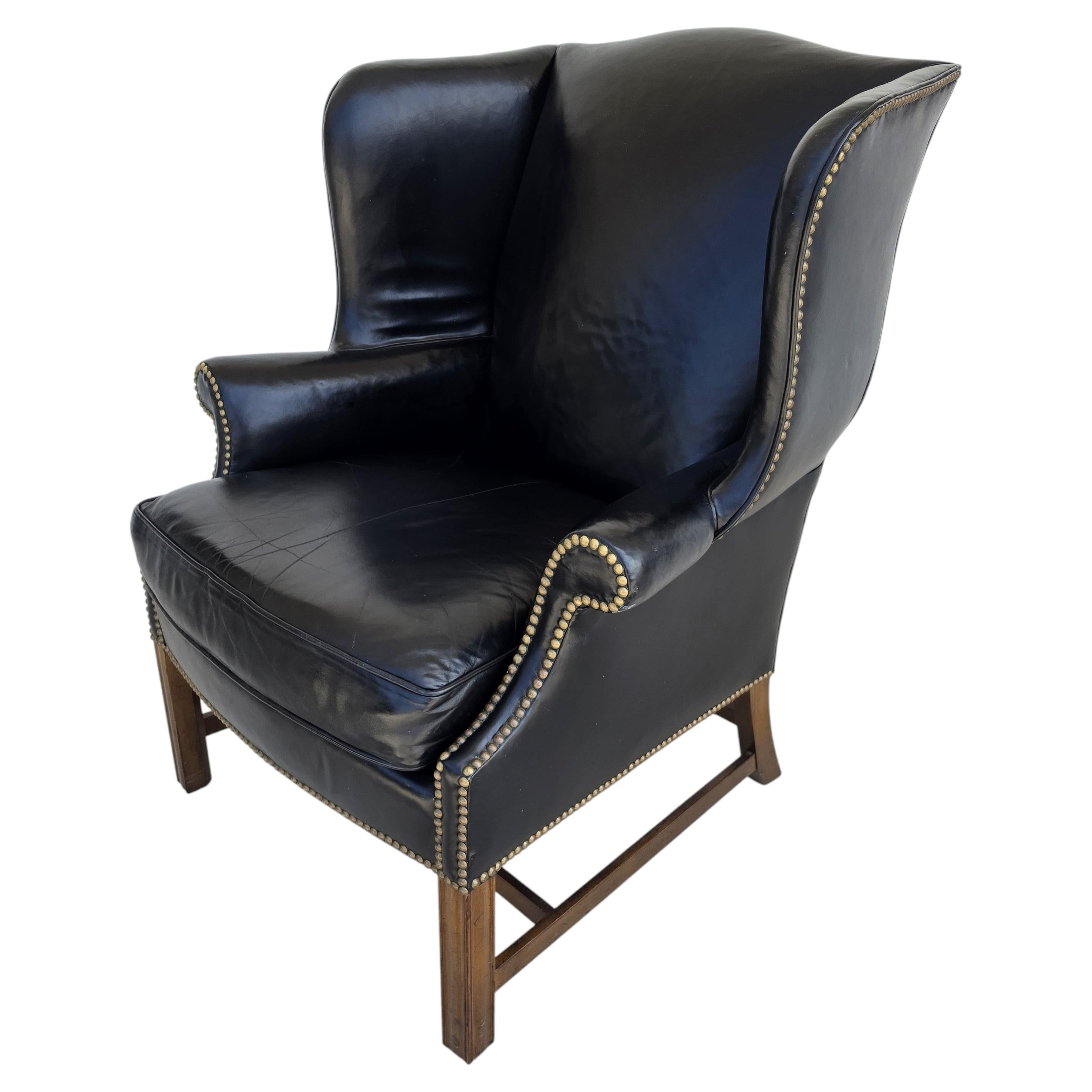 Classic Georgian Chippendale Black Leather Wingback Library Gentlemans Armchair
