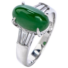 Classic GIA 4.23 Carat Cabochon Jade and Baguette Cut Diamond Platinum Ring