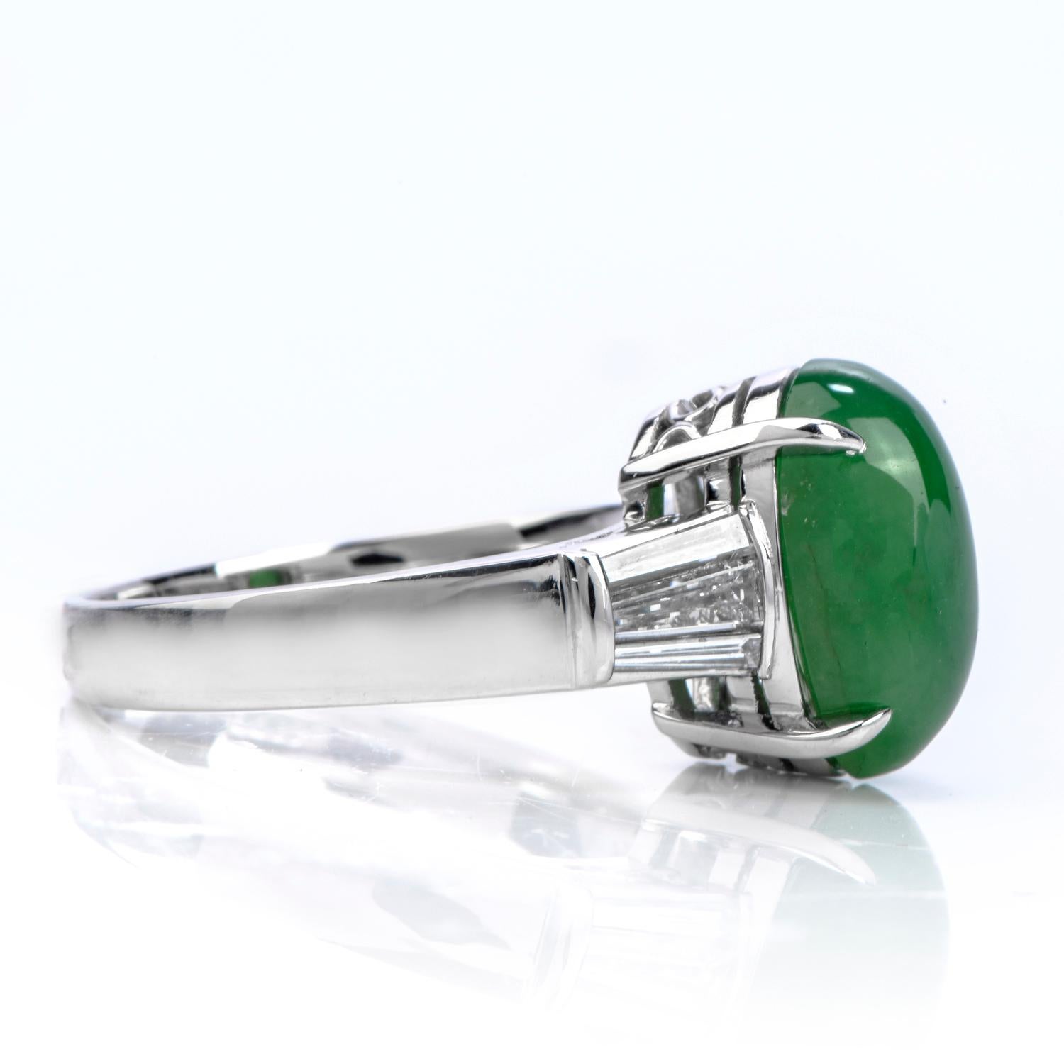 Klassischer GIA 4::23 Karat Cabochon Jade und Baguetteschliff Diamant Platinring (Art déco)