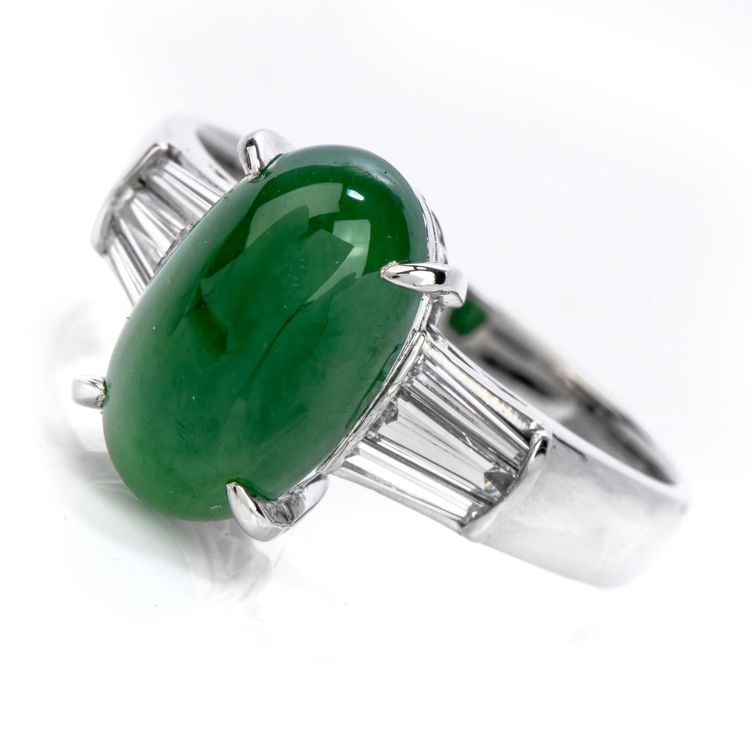Klassischer GIA 4::23 Karat Cabochon Jade und Baguetteschliff Diamant Platinring für Damen oder Herren