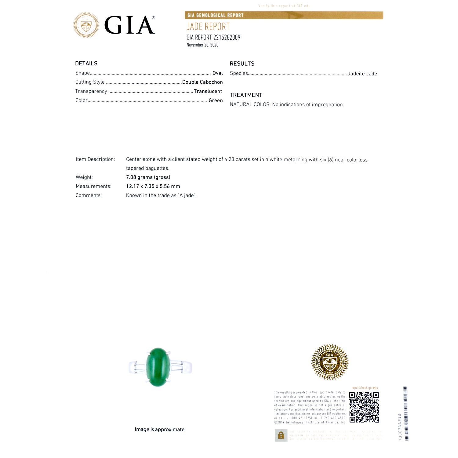 Klassischer GIA 4::23 Karat Cabochon Jade und Baguetteschliff Diamant Platinring 3