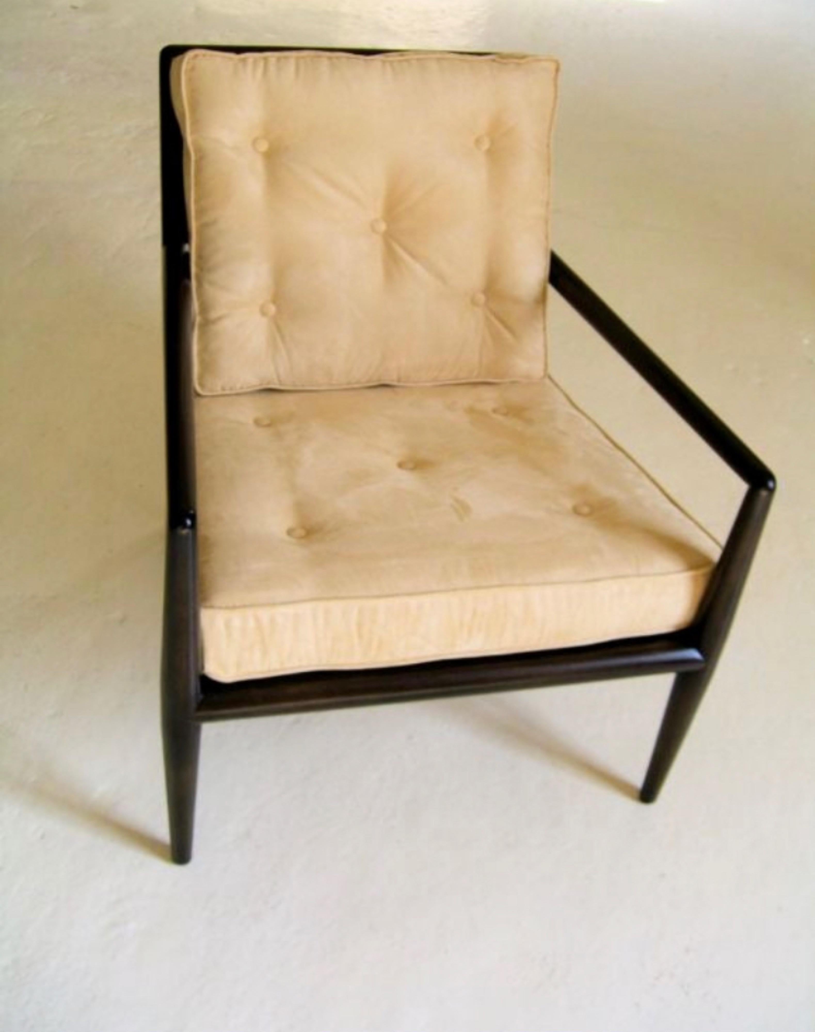 Lounge chair by Terrence Harold Robsjohn Gibbings for Widdicomb, walnut dowel frame, slate back with open wood arms and loose seat cushions. Price includes refinishing and reupholstering C.O.M. Want to see more beautiful things? Scroll down below