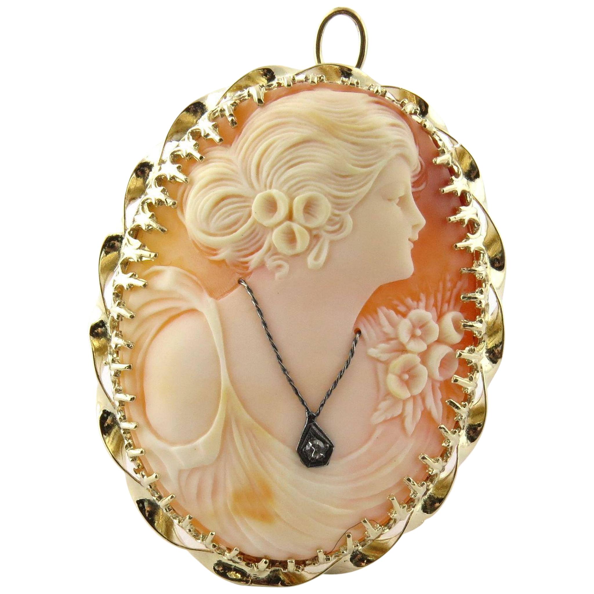 Classic Gibson Girl Cameo with Diamond Necklace 14 Karat Yellow Gold Pin Pendant For Sale